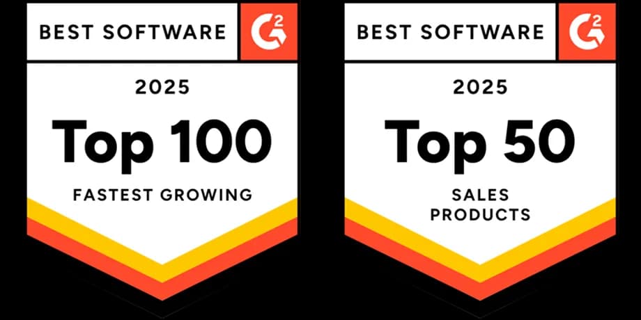 Awards and trust badges from G2 and Google highlighting top rankings, user ratings, and recognition for product setup, leadership, and high performance.