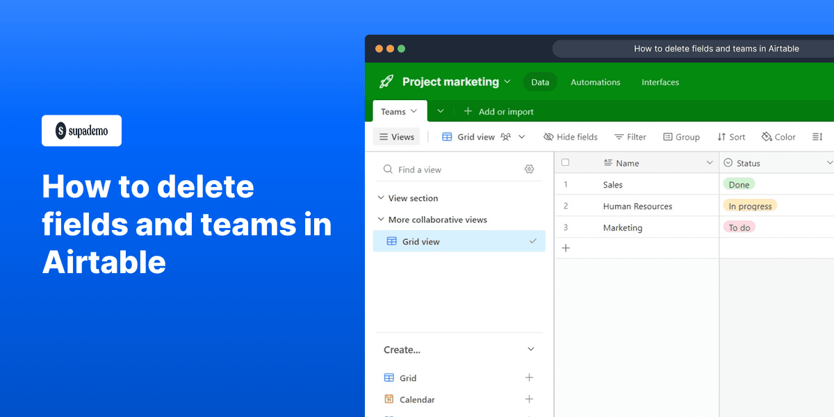 How to delete fields and teams in Airtable screenshot