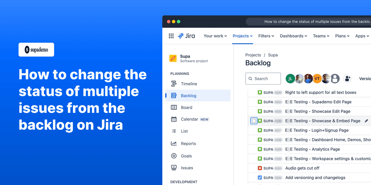 How to bulk change the status of multiple issues directly from the backlog on Jira screenshot