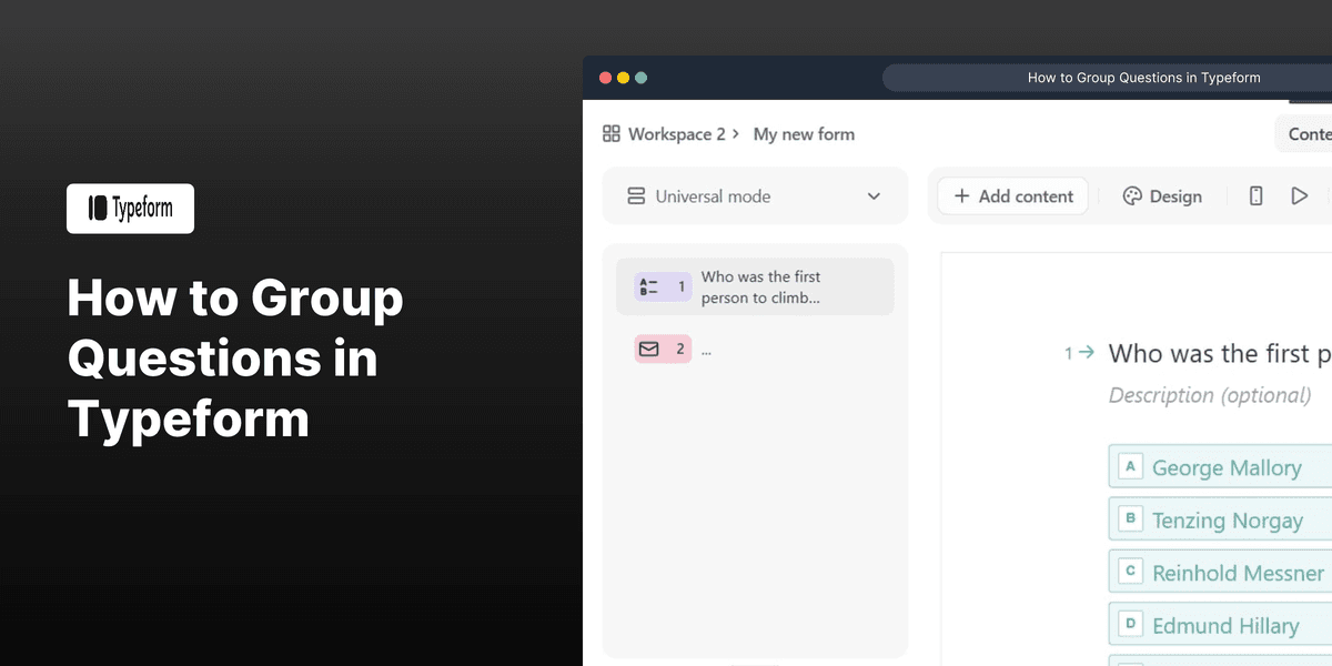 How to Group Questions in Typeform screenshot