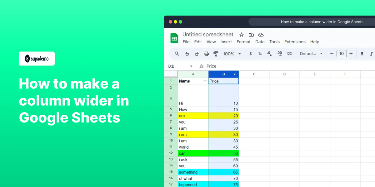 How to make a column wider in Google Sheets screenshot