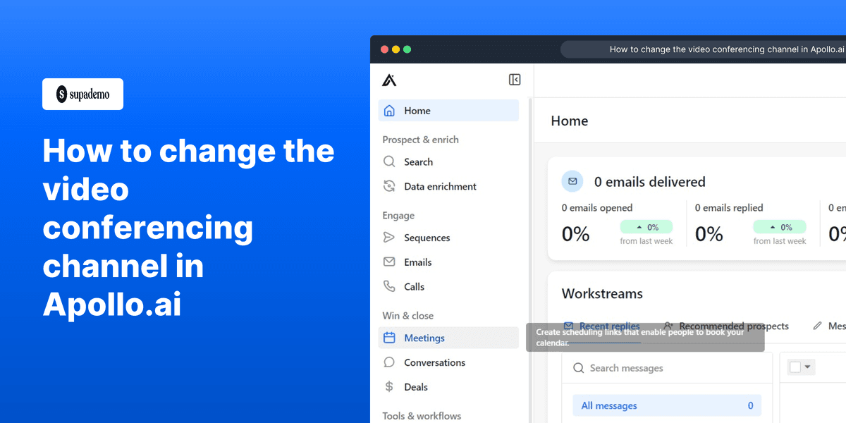 How to change the video conferencing channel in Apollo.io screenshot
