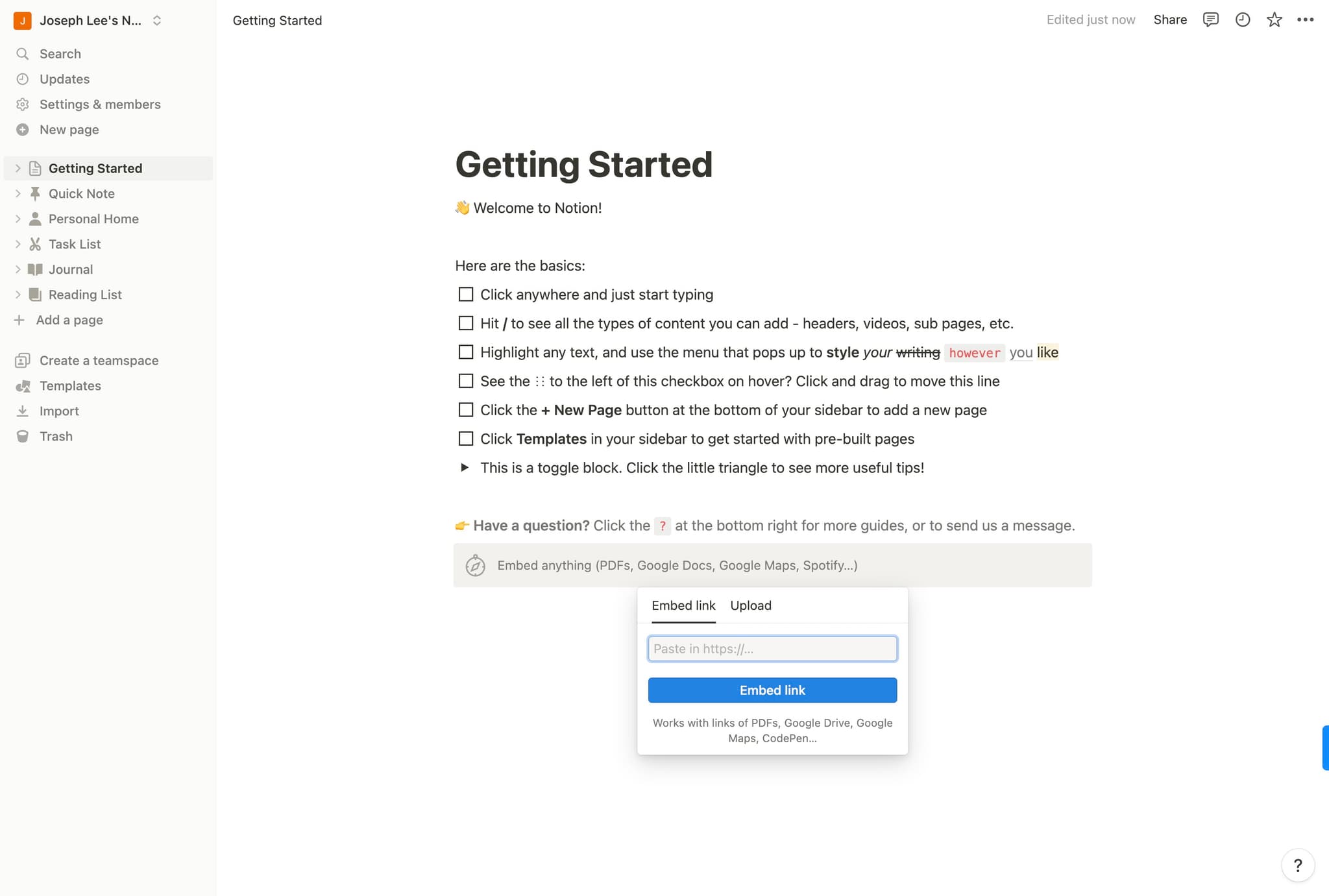 Confirm embed action