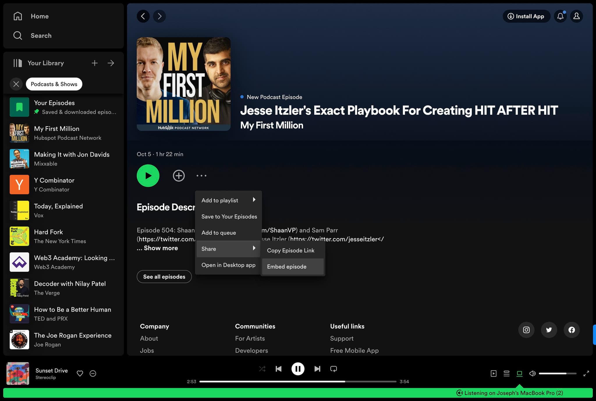 Select Embed Episode option