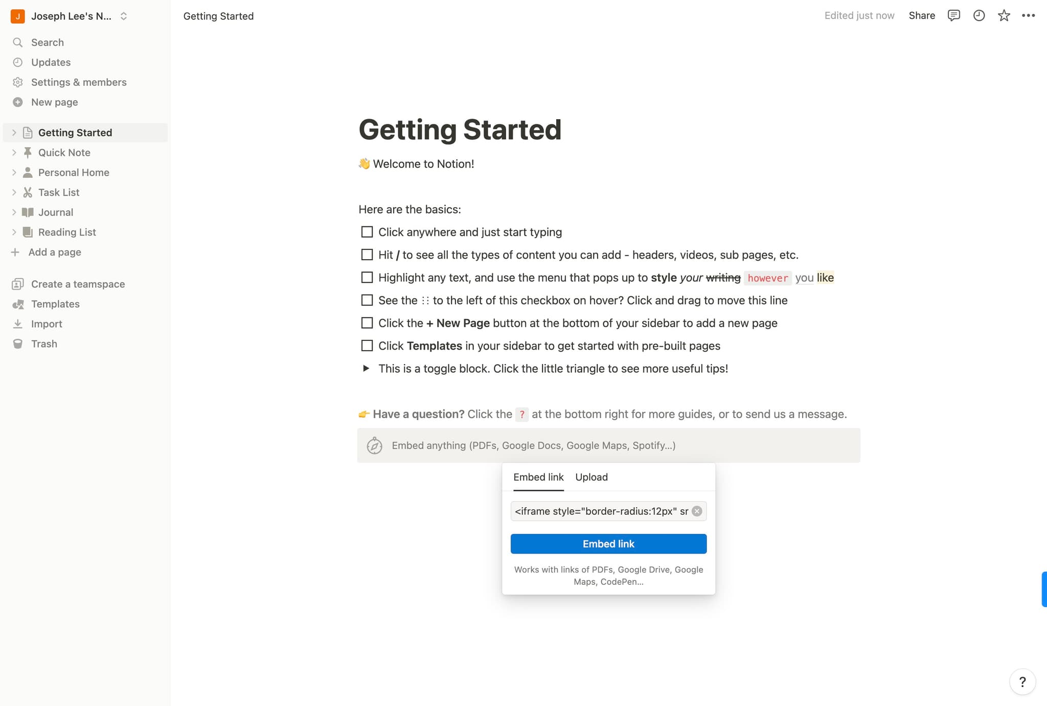 Select Embed Link option