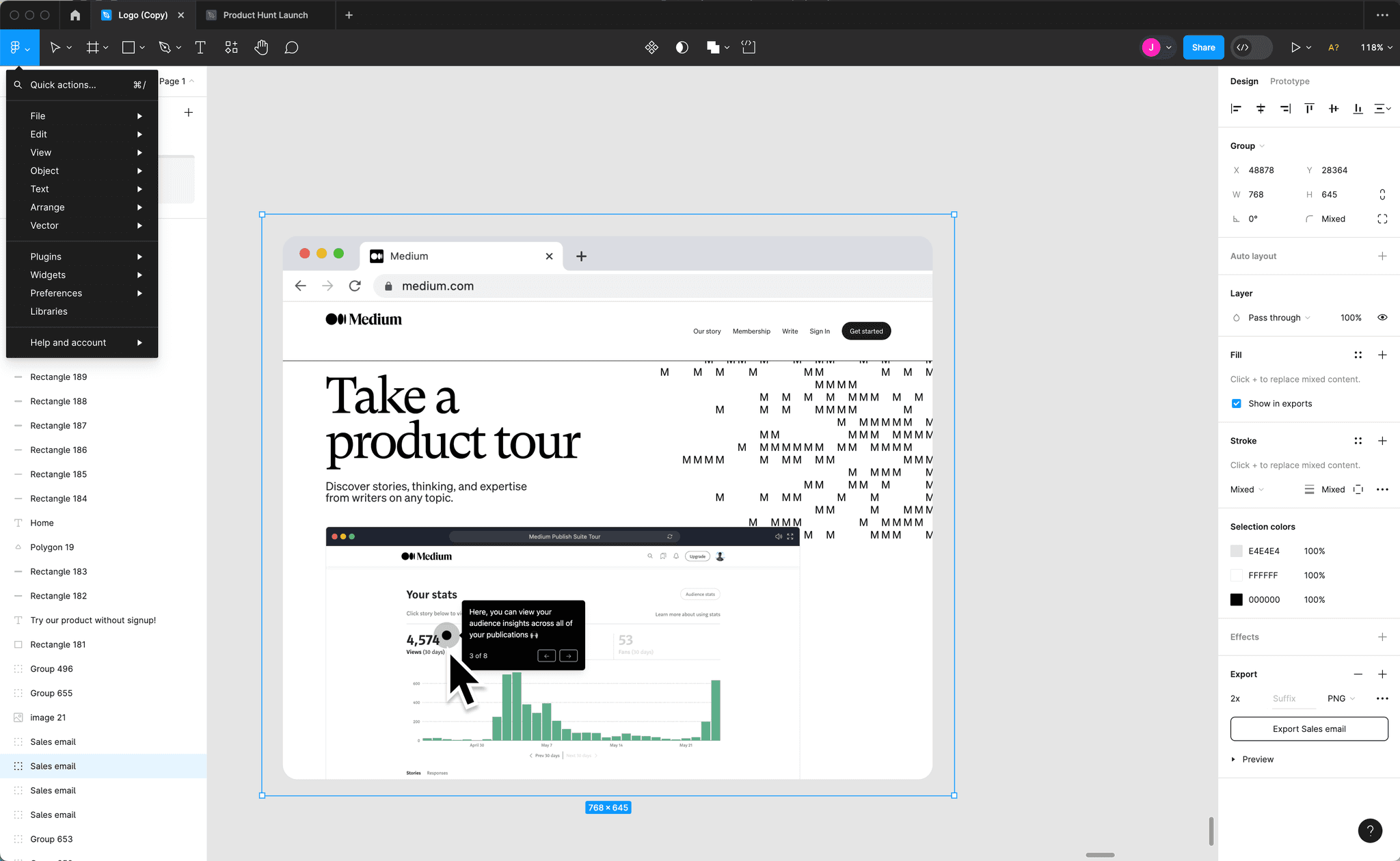 Access the export menu