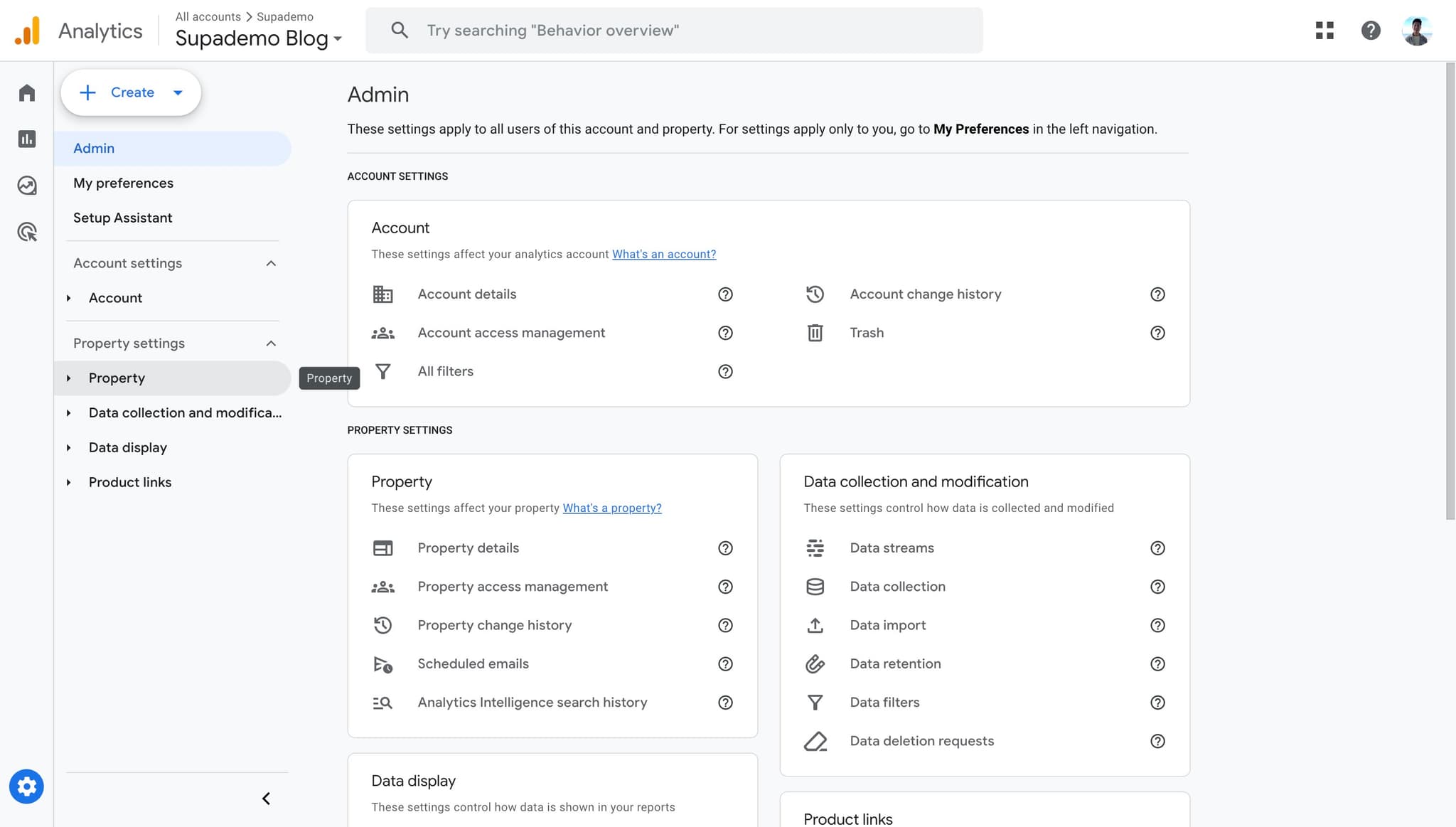 Navigate to Property settings