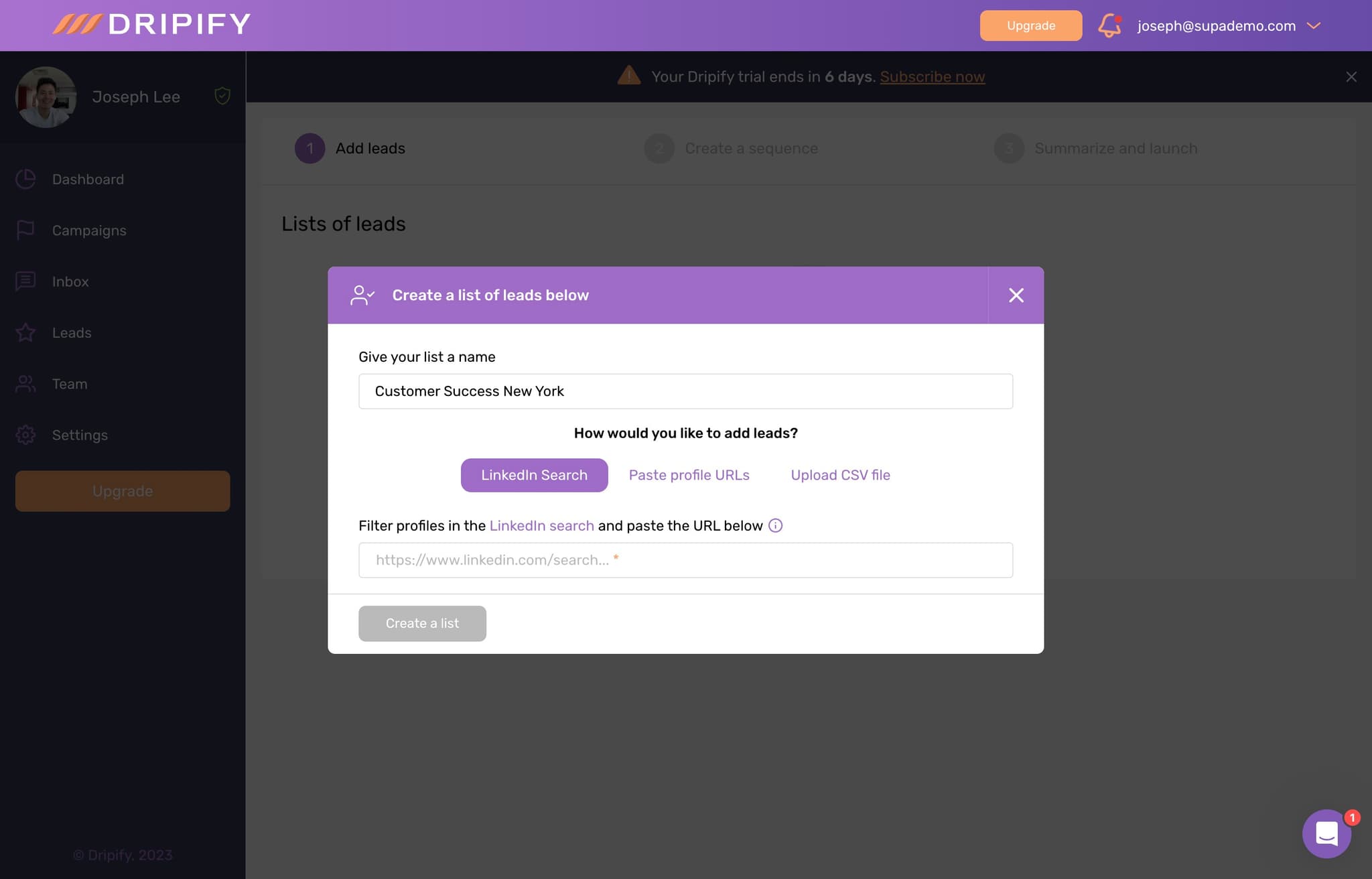 Select LinkedIn Search as Lead Source