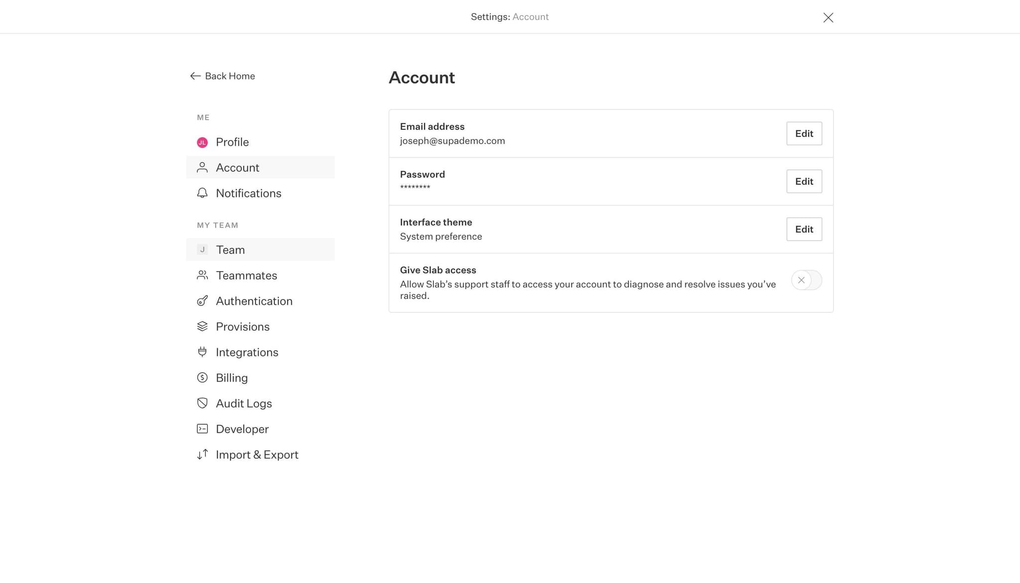 Navigate to Team settings