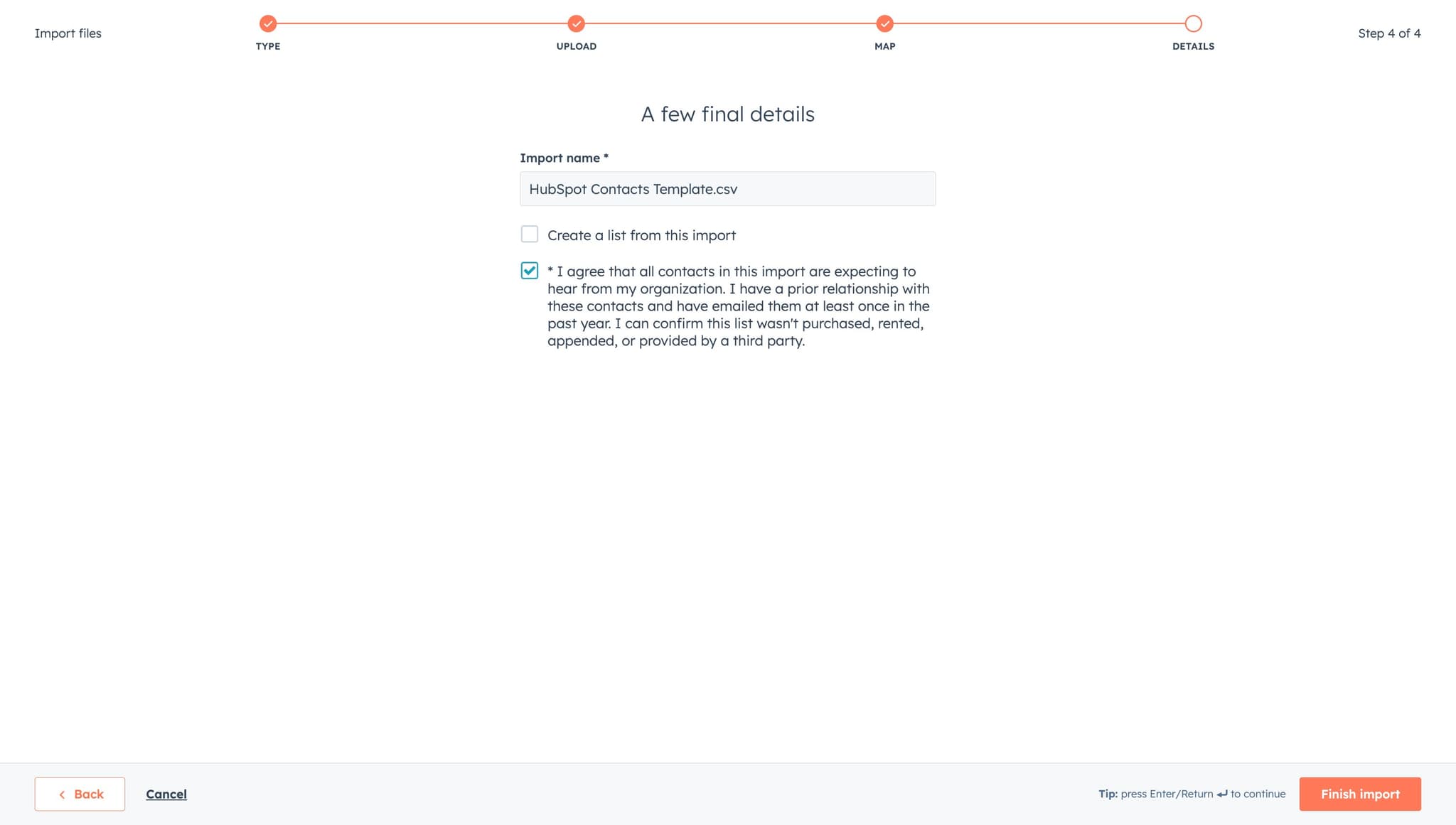 Finalize and import contacts