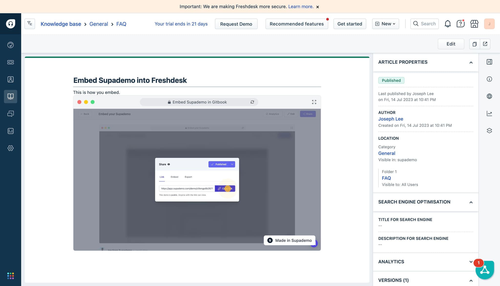 Click on "Embed Supademo" option