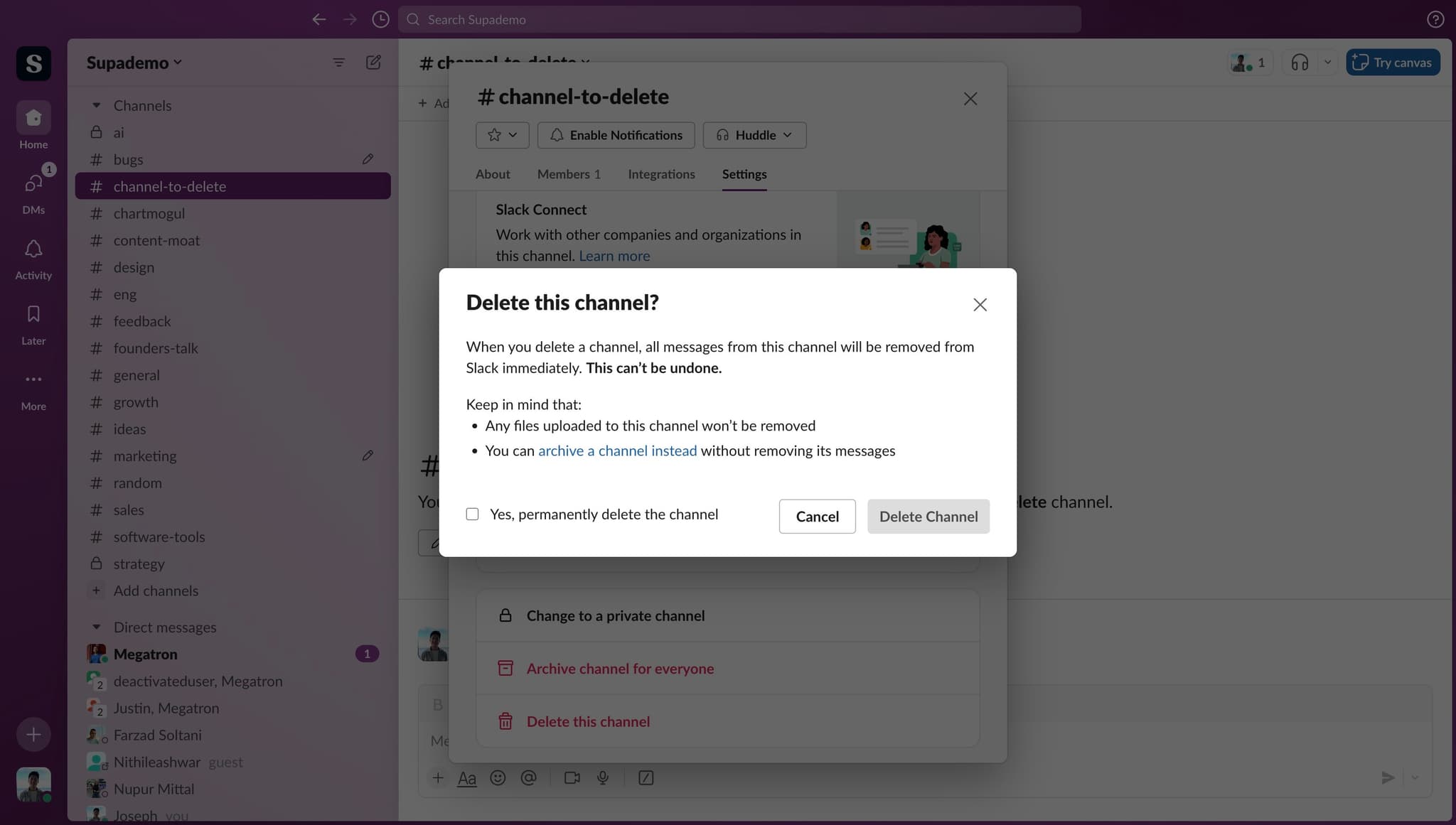 Confirm permanent deletion