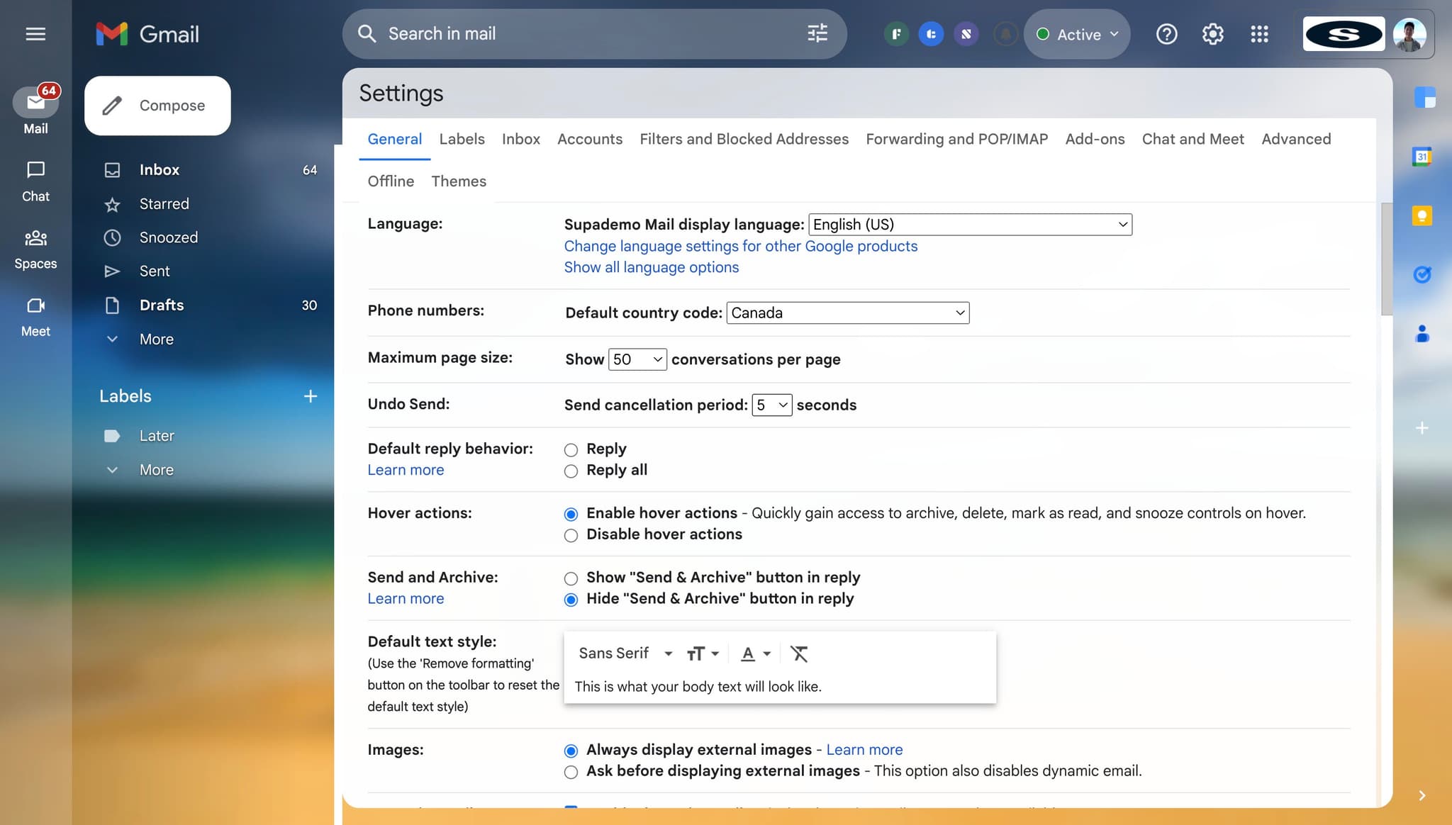 Select your undo send window duration