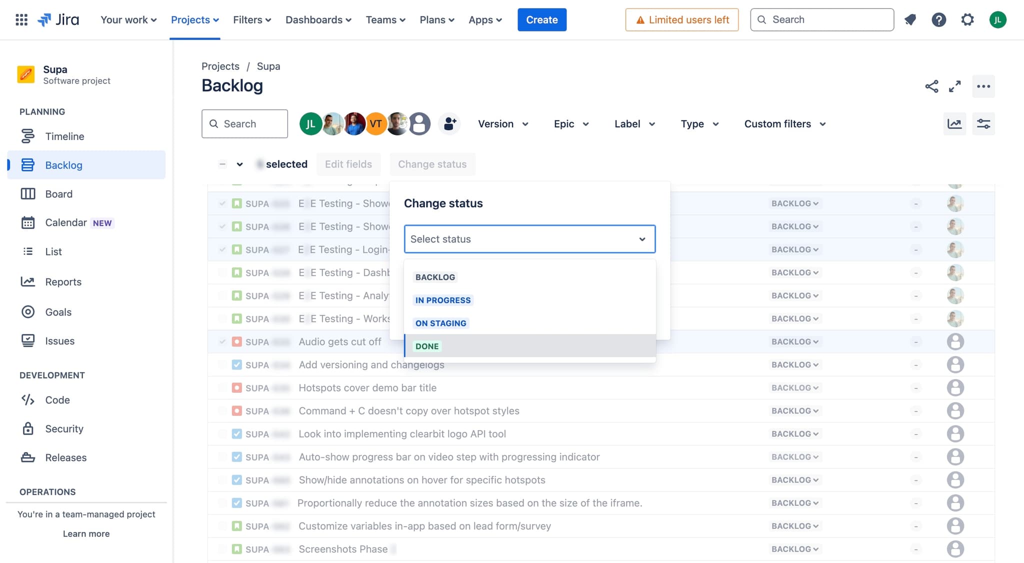 Open the bulk action menu