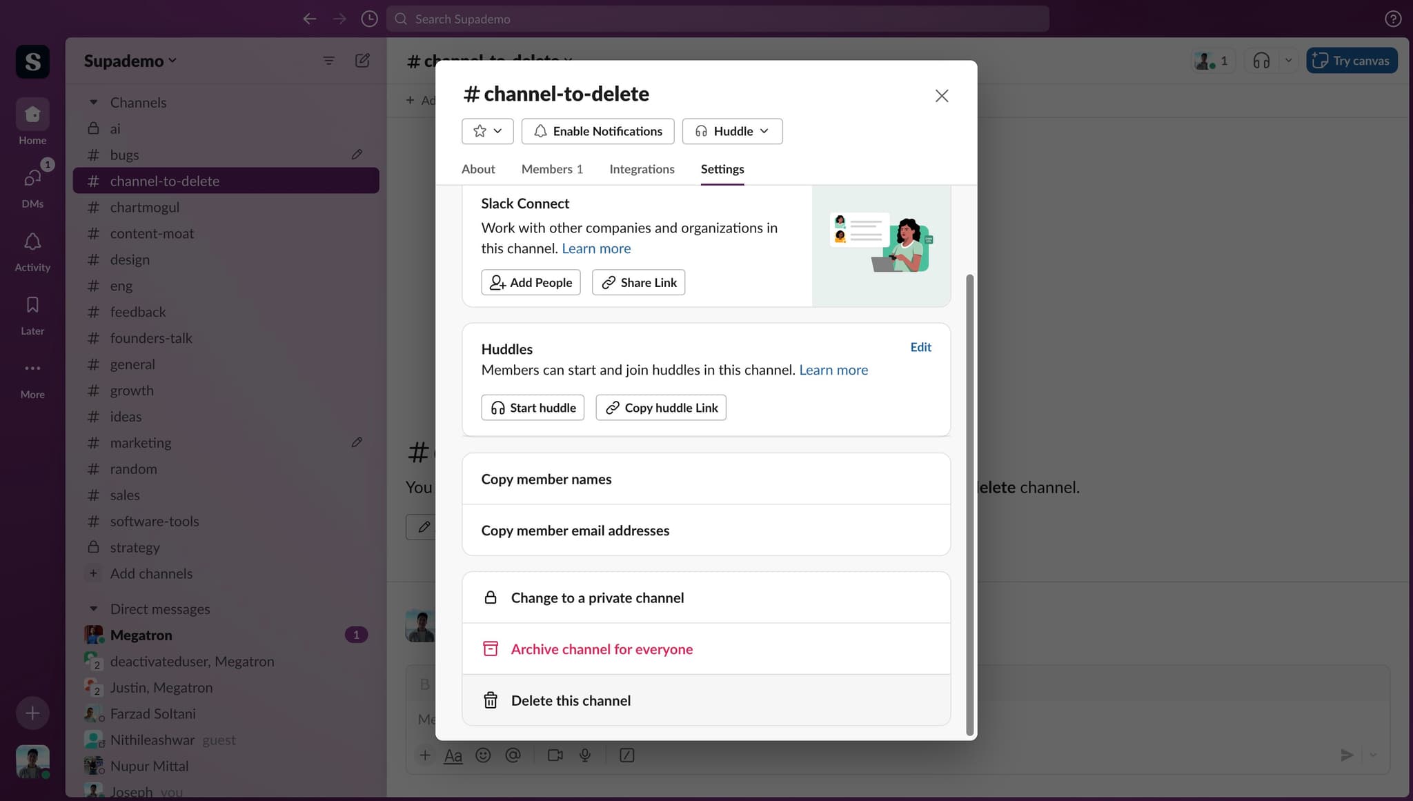 Initiate channel deletion