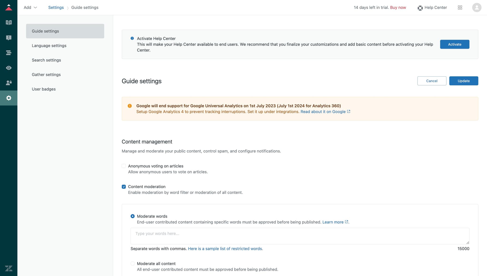Click on Guide settings