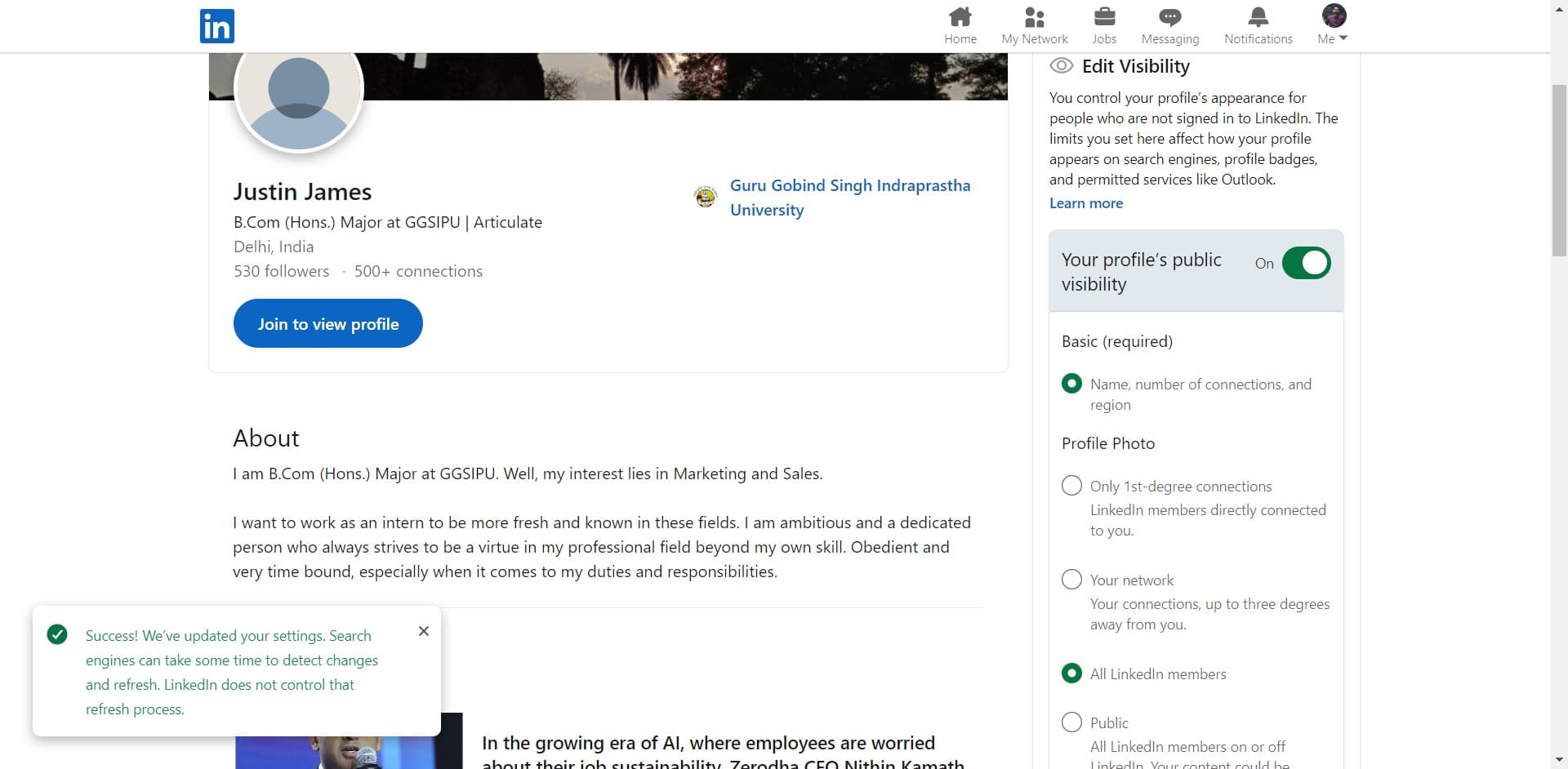 Confirm success message