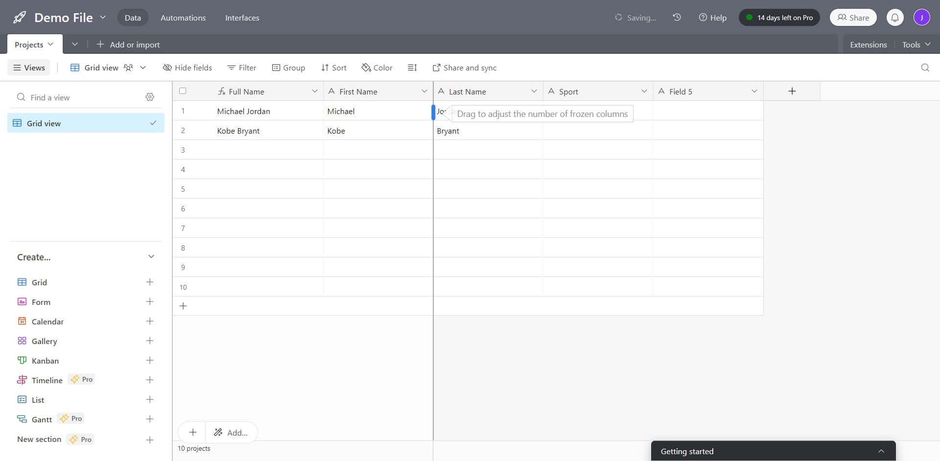 Drag to adjust final column