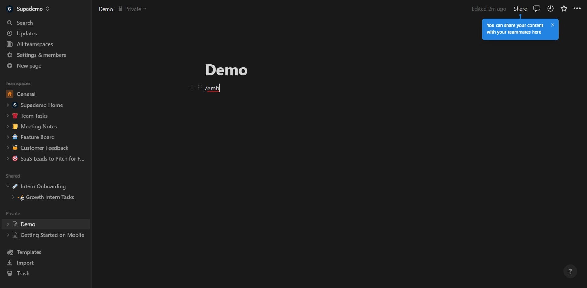 Select the embed option again