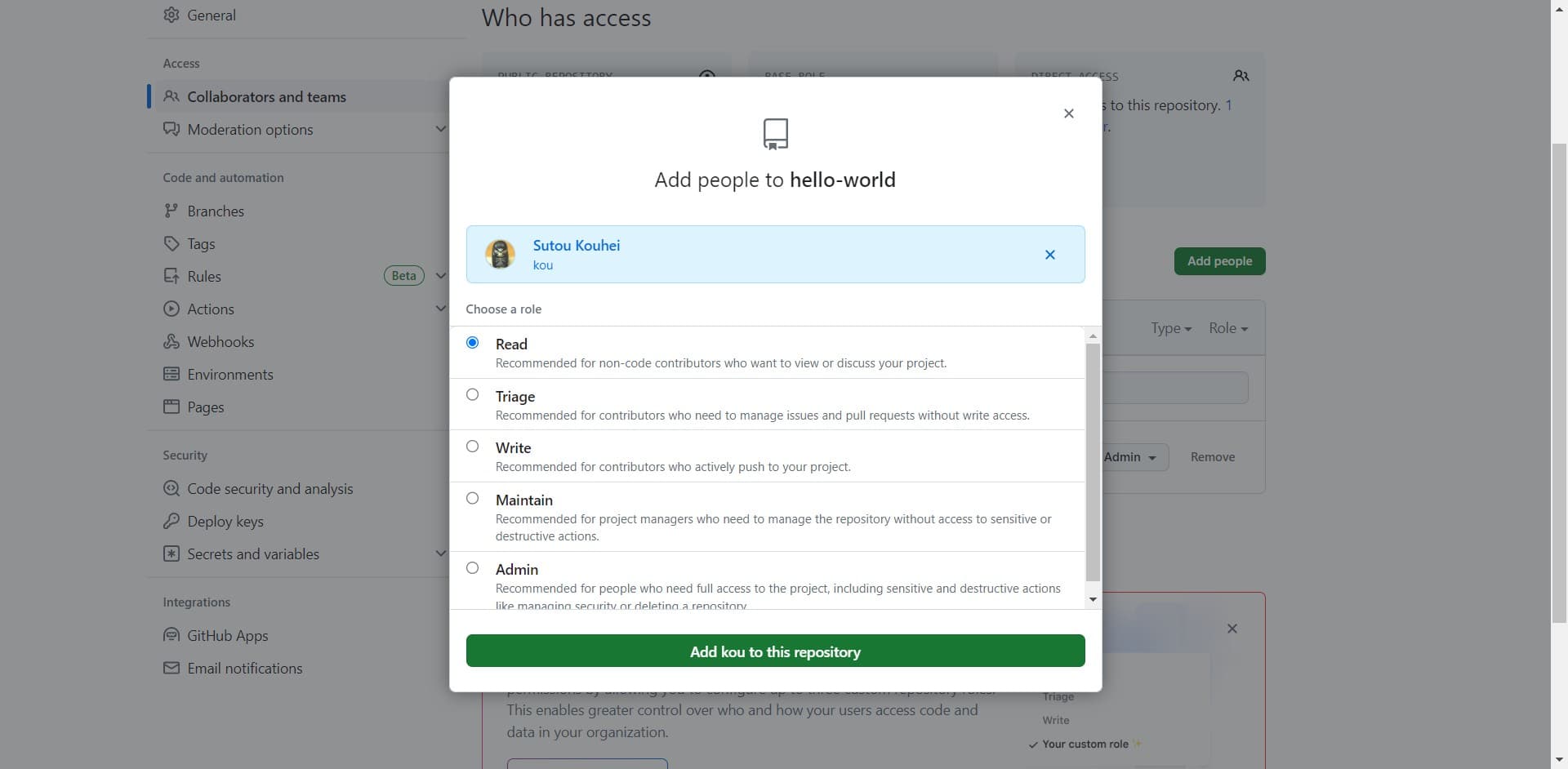 Confirm adding the collaborator