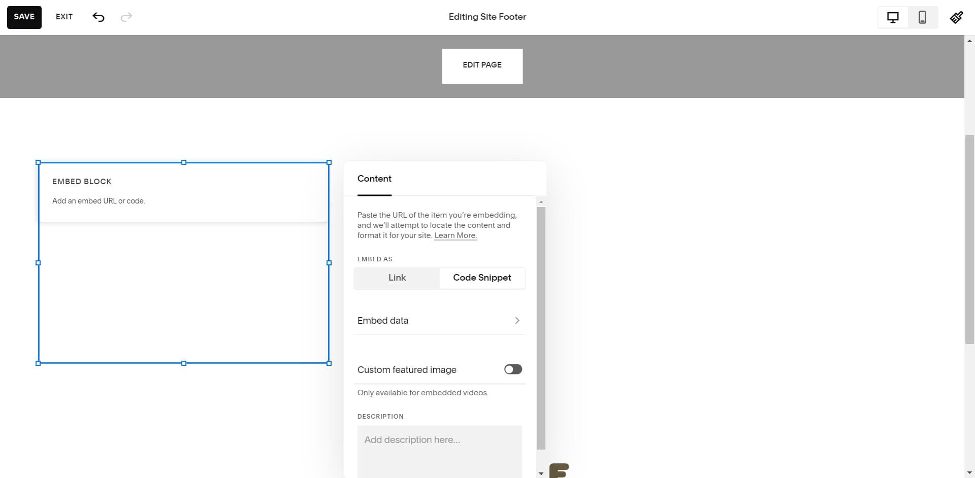 Click on Embed data field