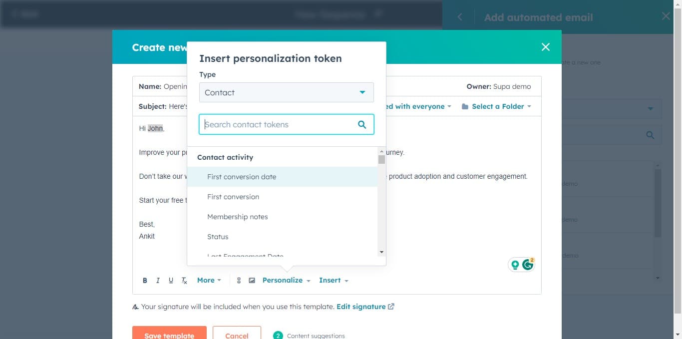 Insert personalization field