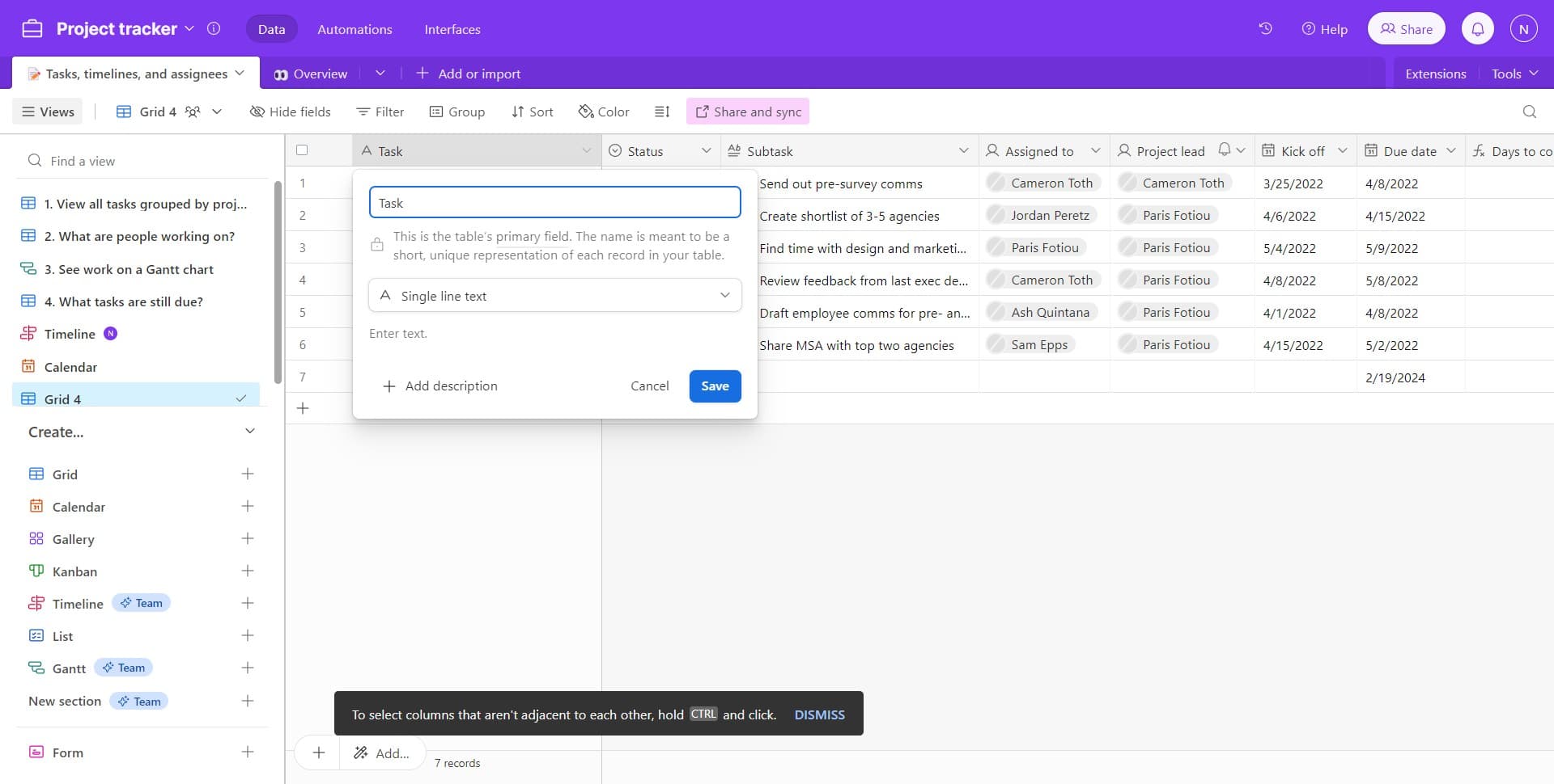 Select Single line text field type