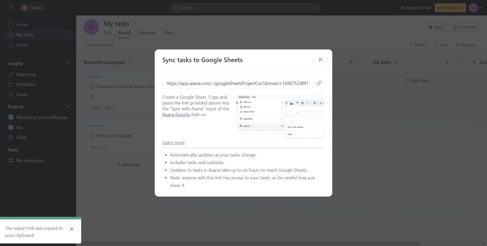 Choose Asana Exports