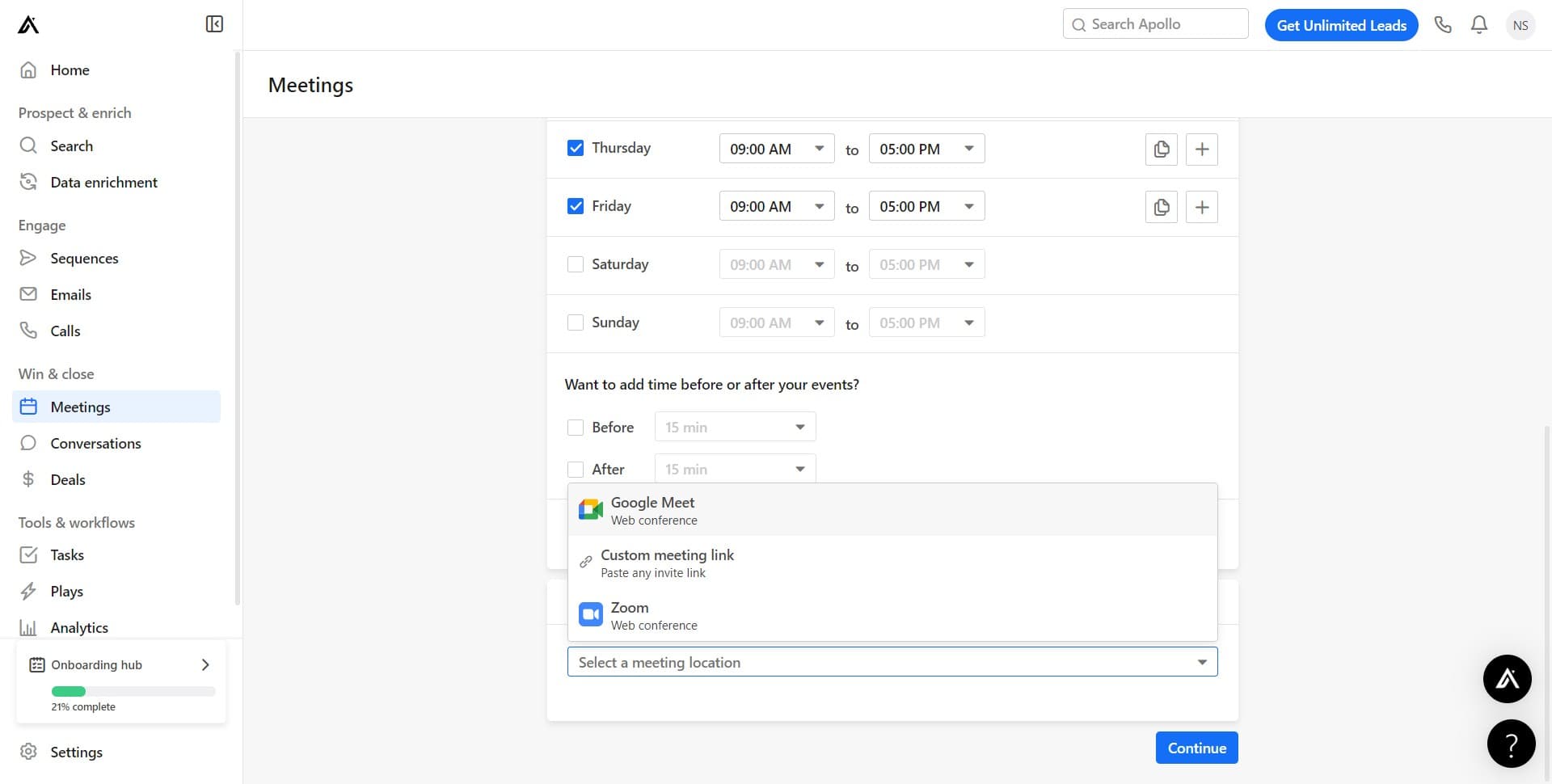 Configure meeting location