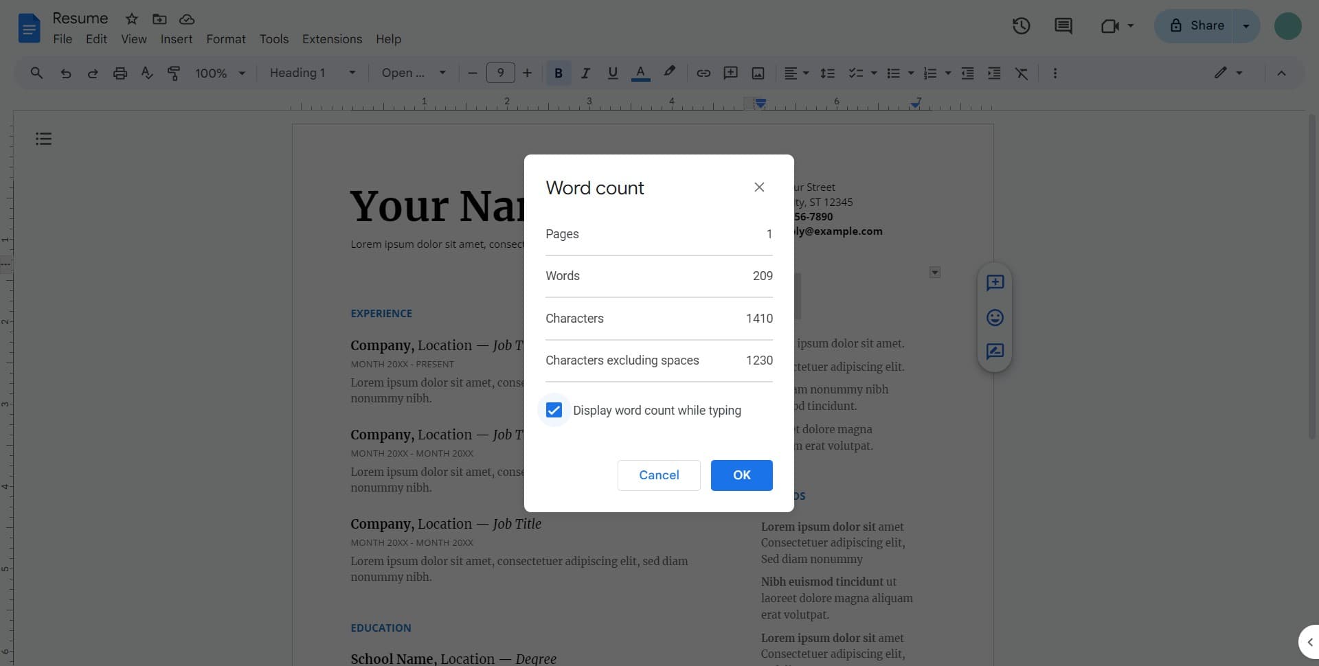 Navigate to word count option
