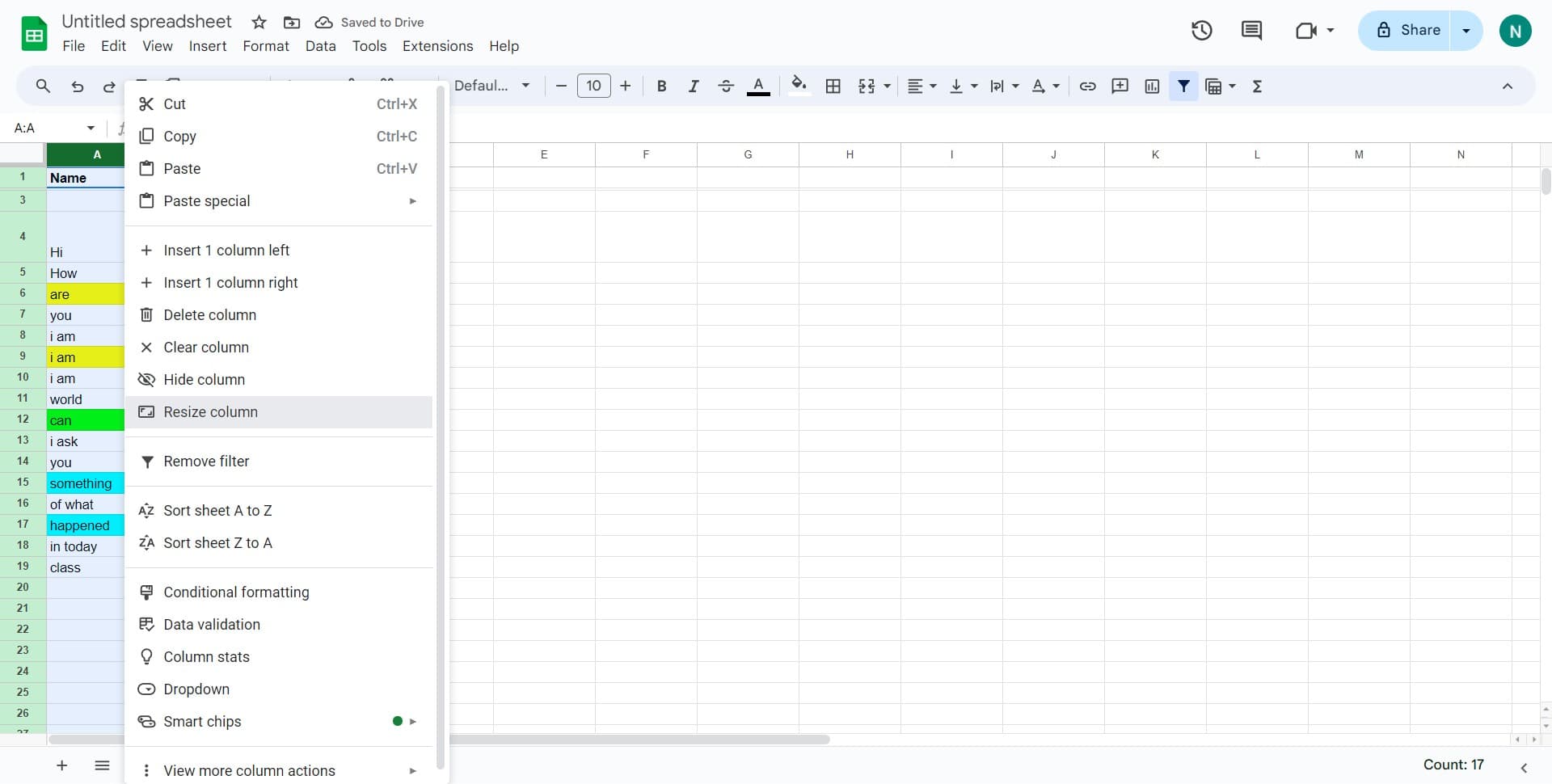 Select resize column option