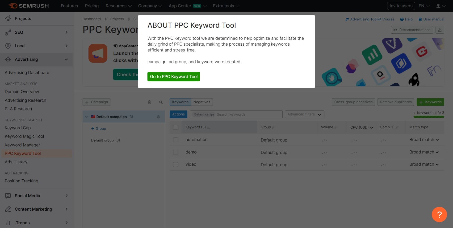 Click on Go to PPC Keyword Tool