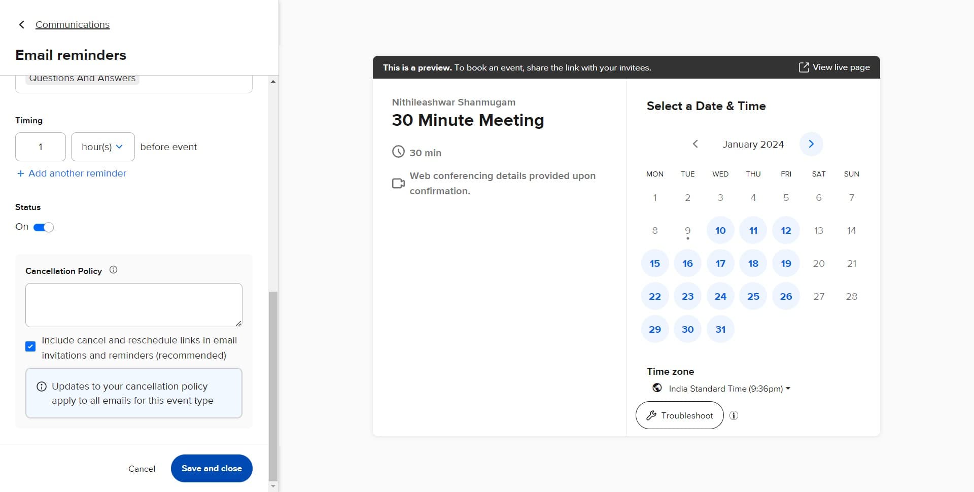 Save and close settings