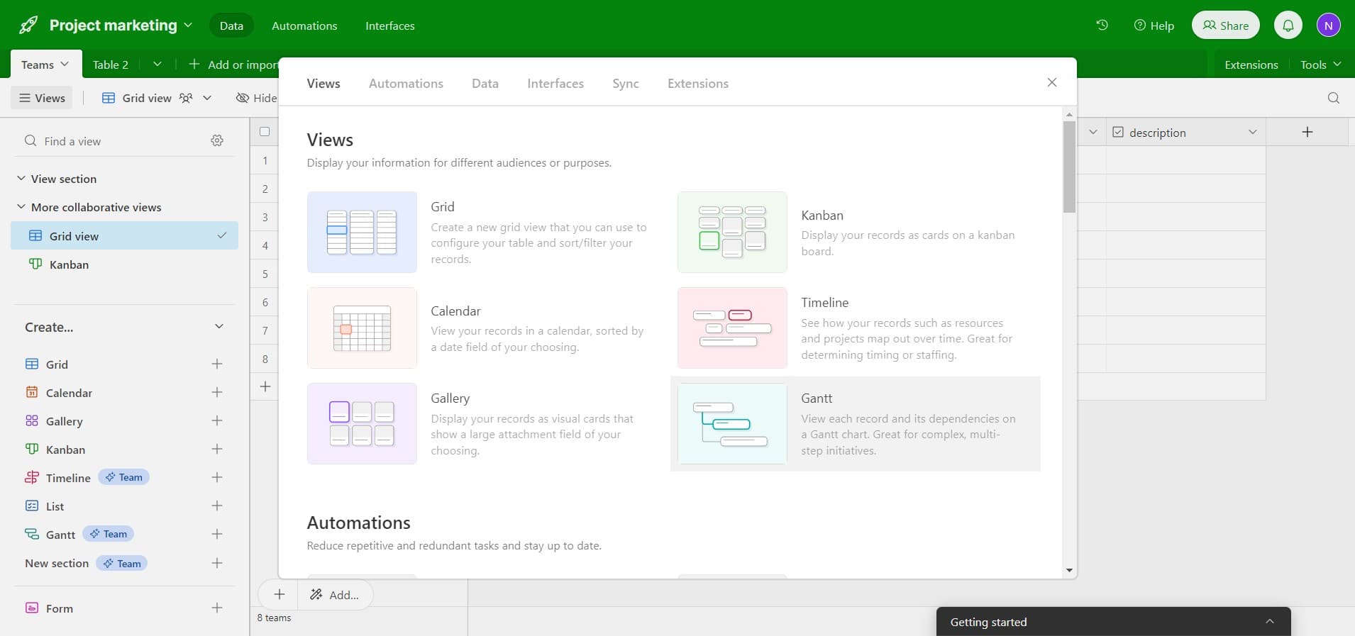 Select Gantt view option