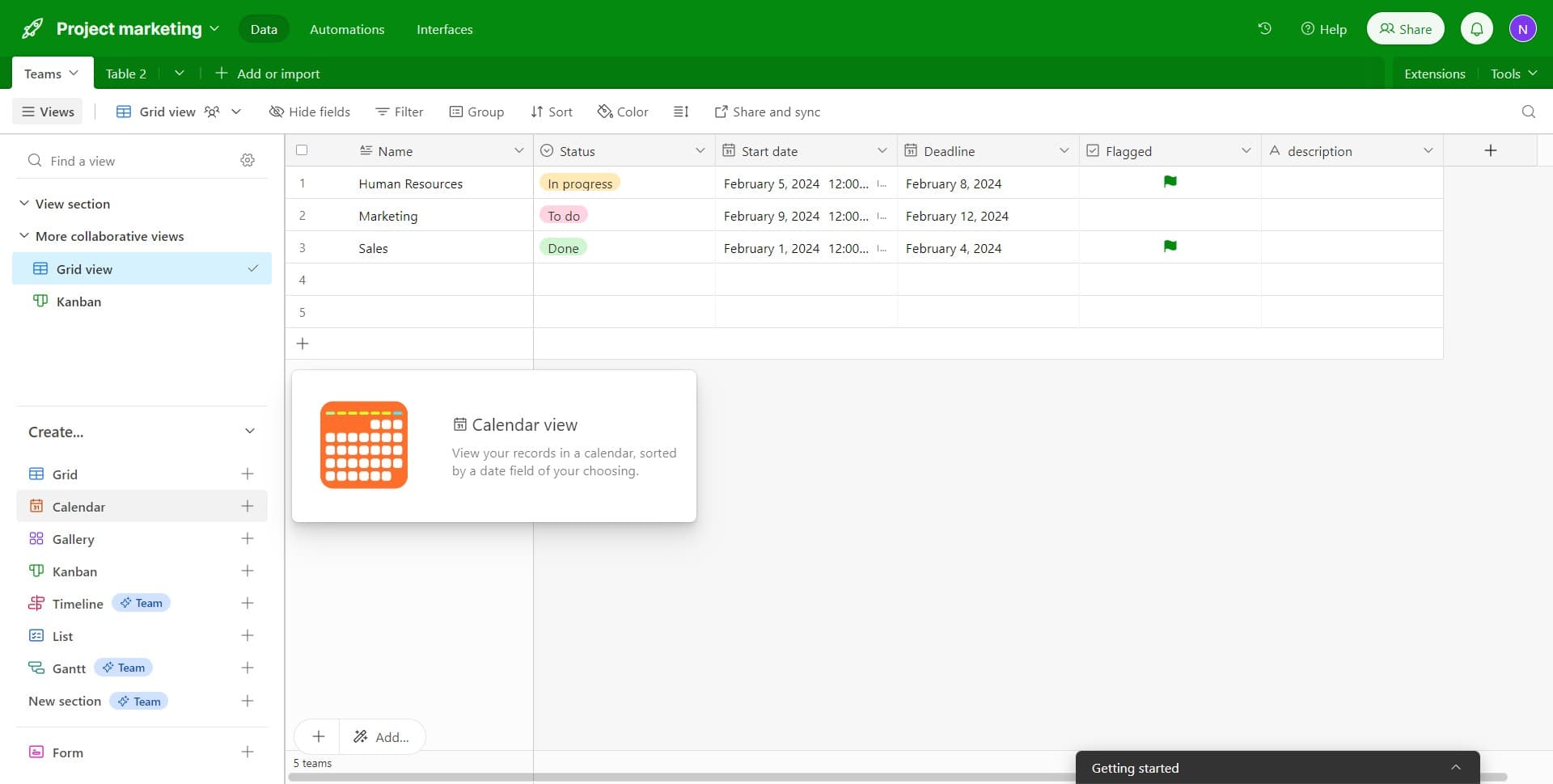 Access the Calendar view option
