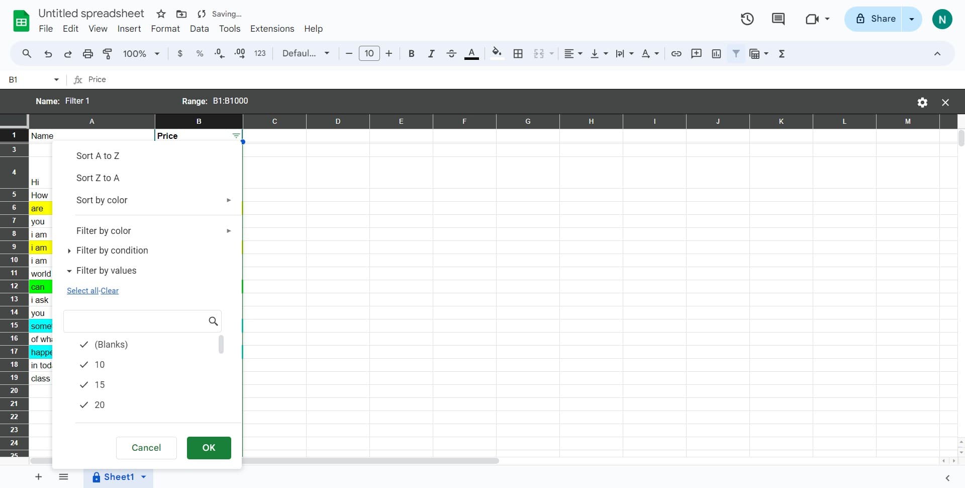 Create a new filter view