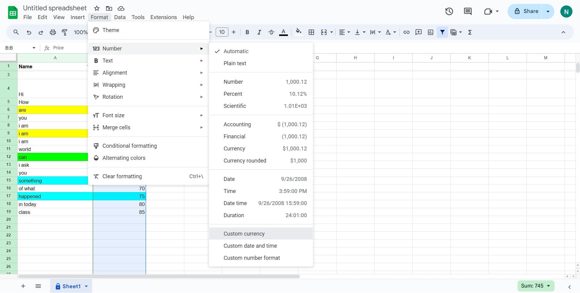 Select Custom currency option