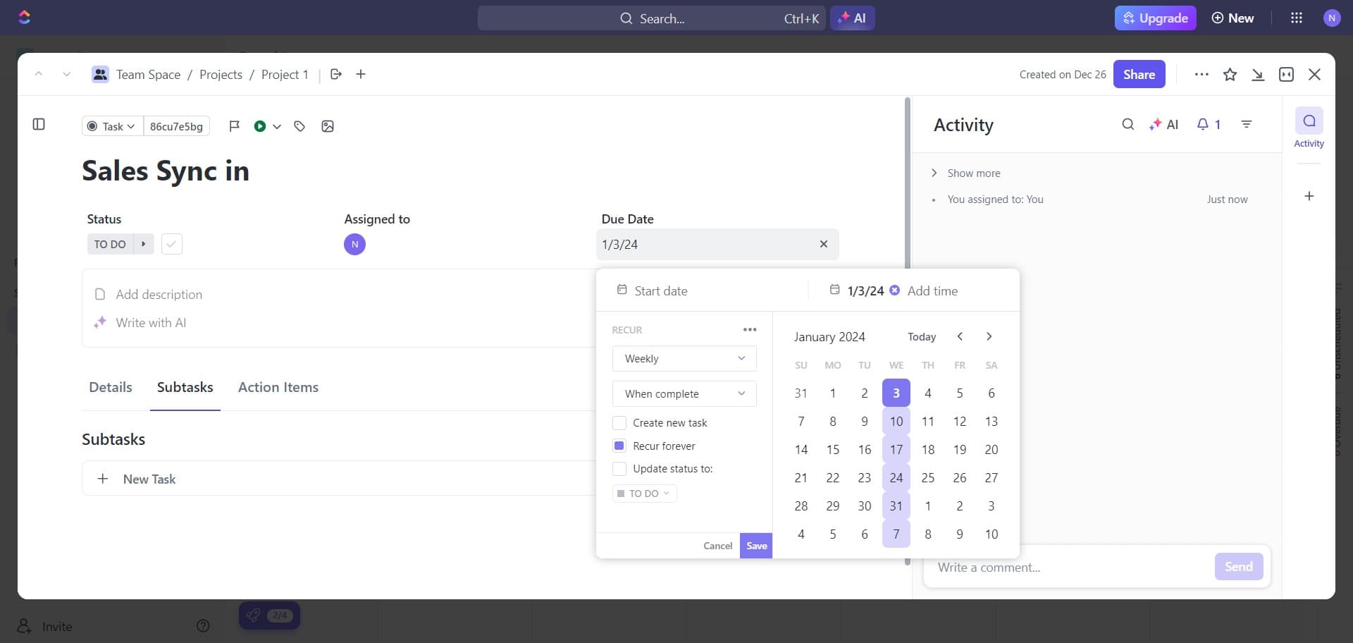 Choose Weekly recurrence