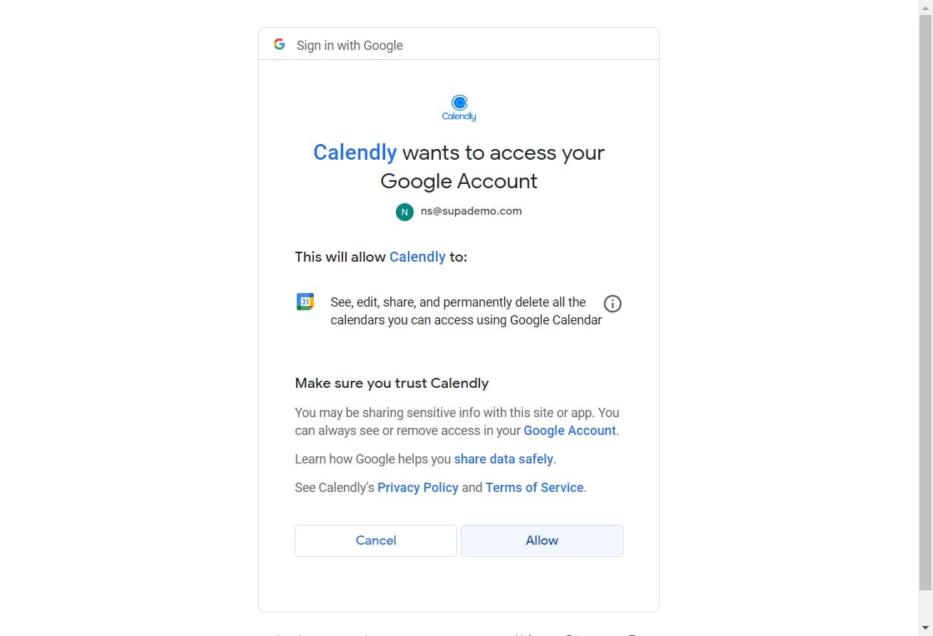Grant permission to Calendly