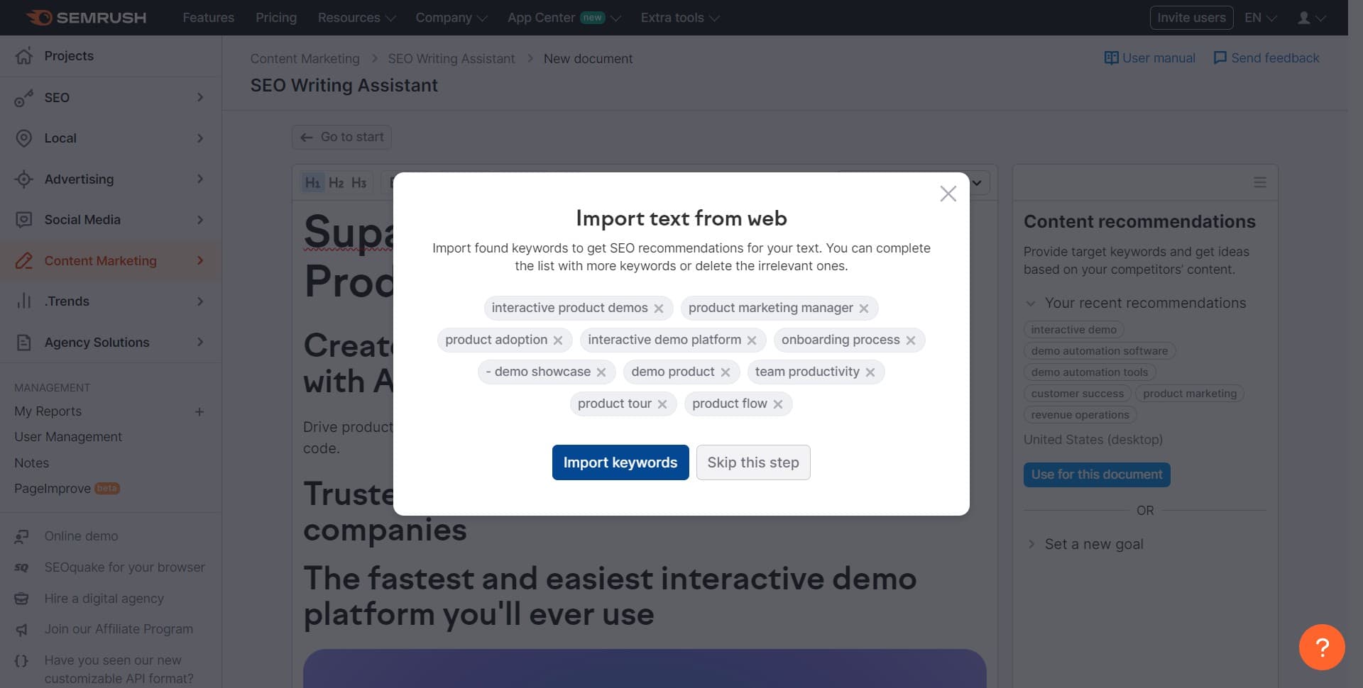 Select keywords to import