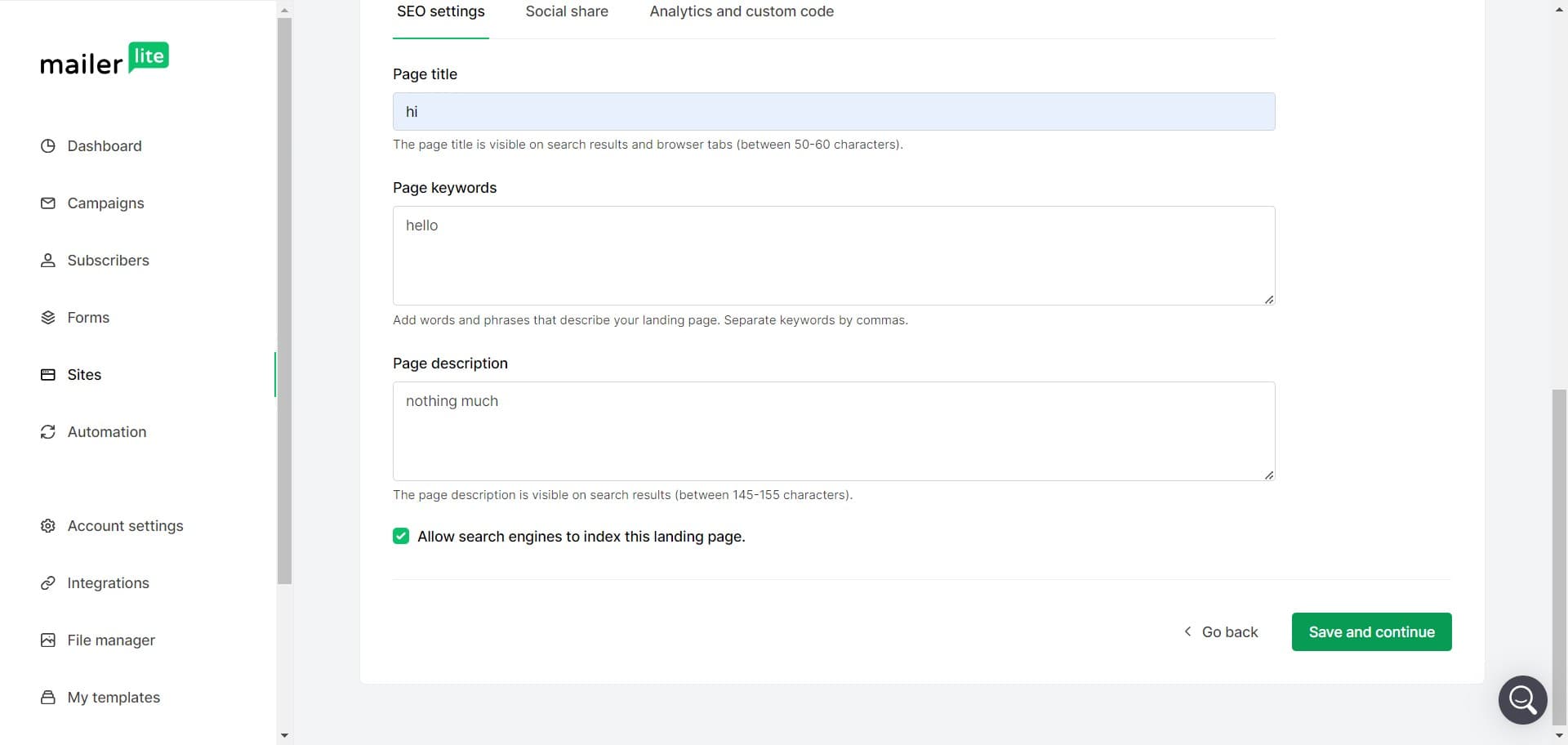 Save and continue again