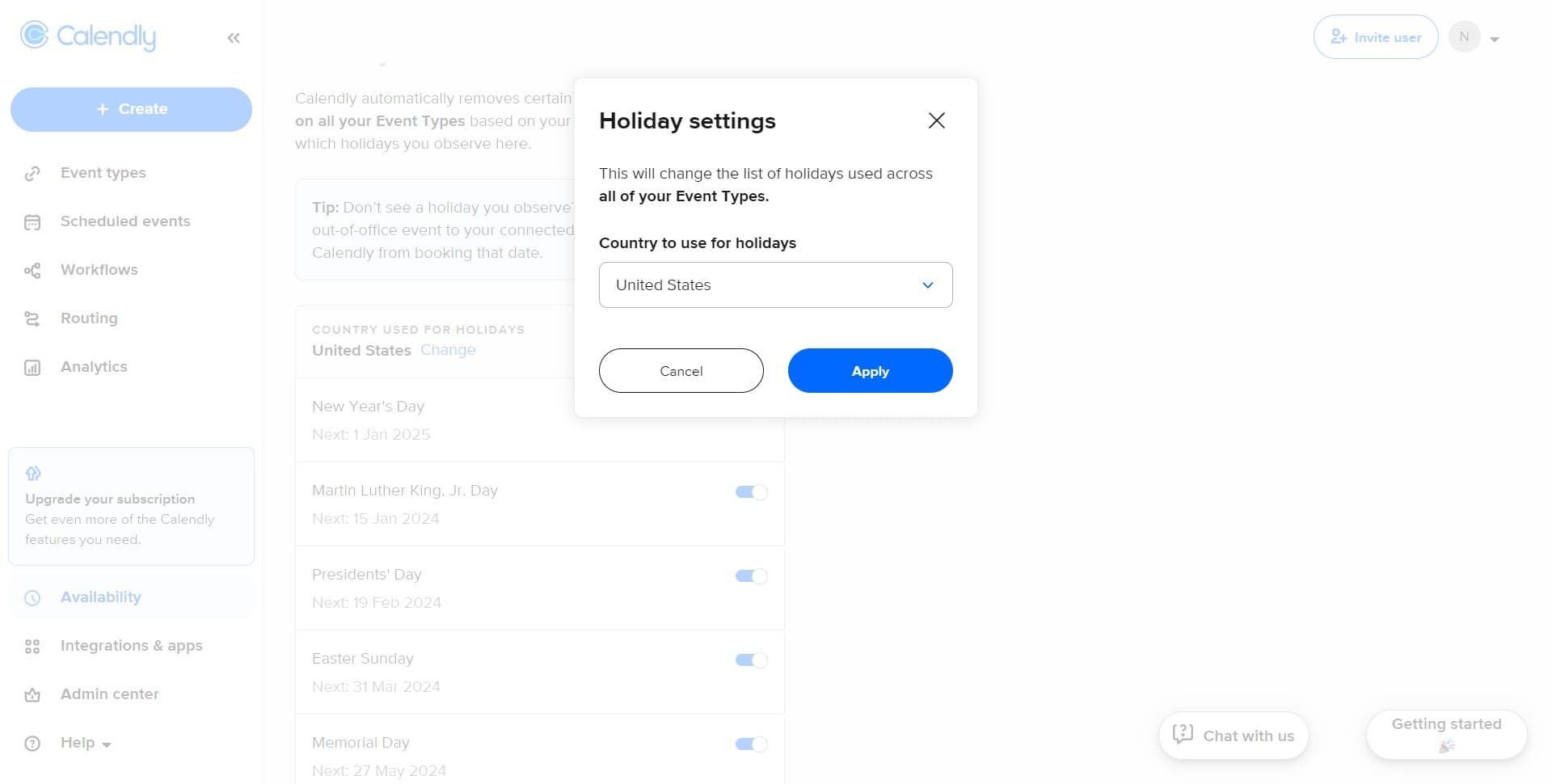Select United States holidays