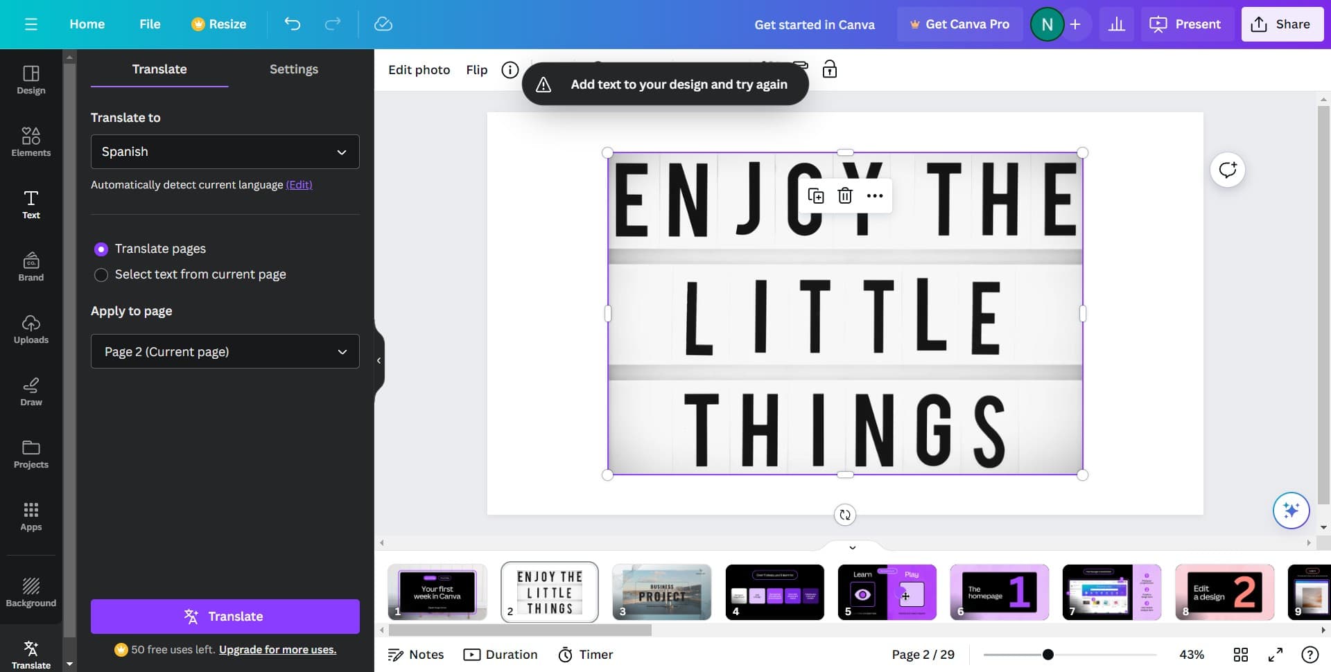 Choose Spanish as target language