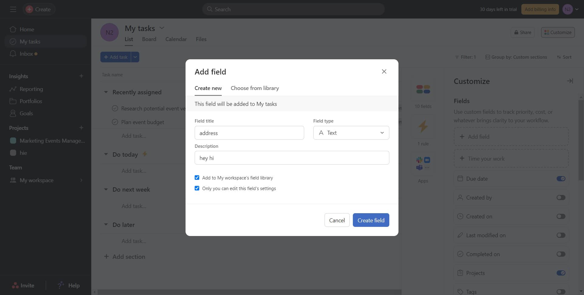 Click on Create field