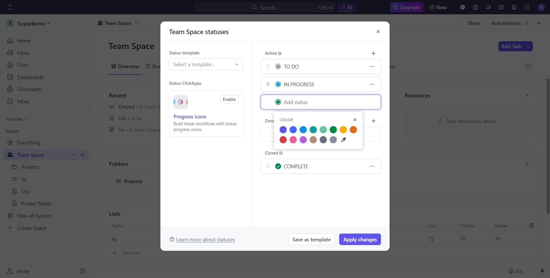 Configure status options