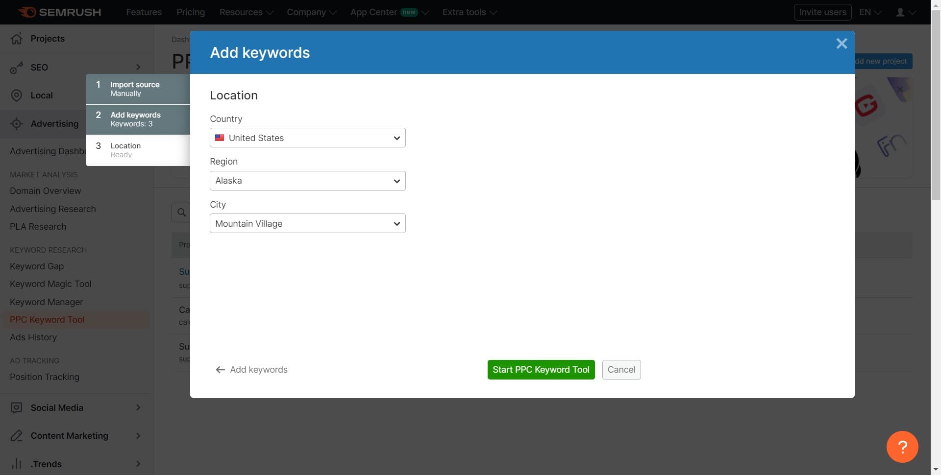 Click on Start PPC Keyword Tool