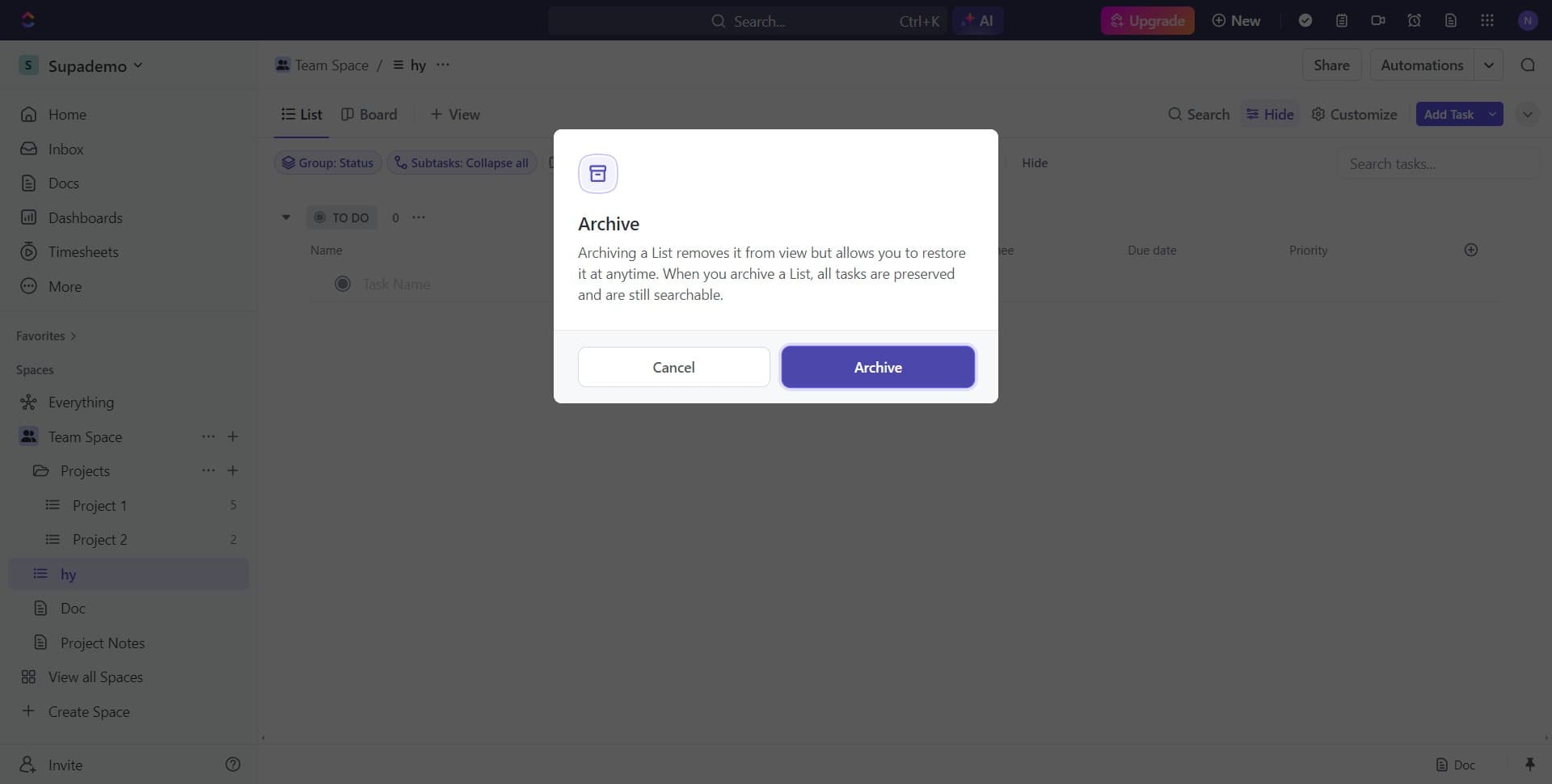 Confirm the archive action