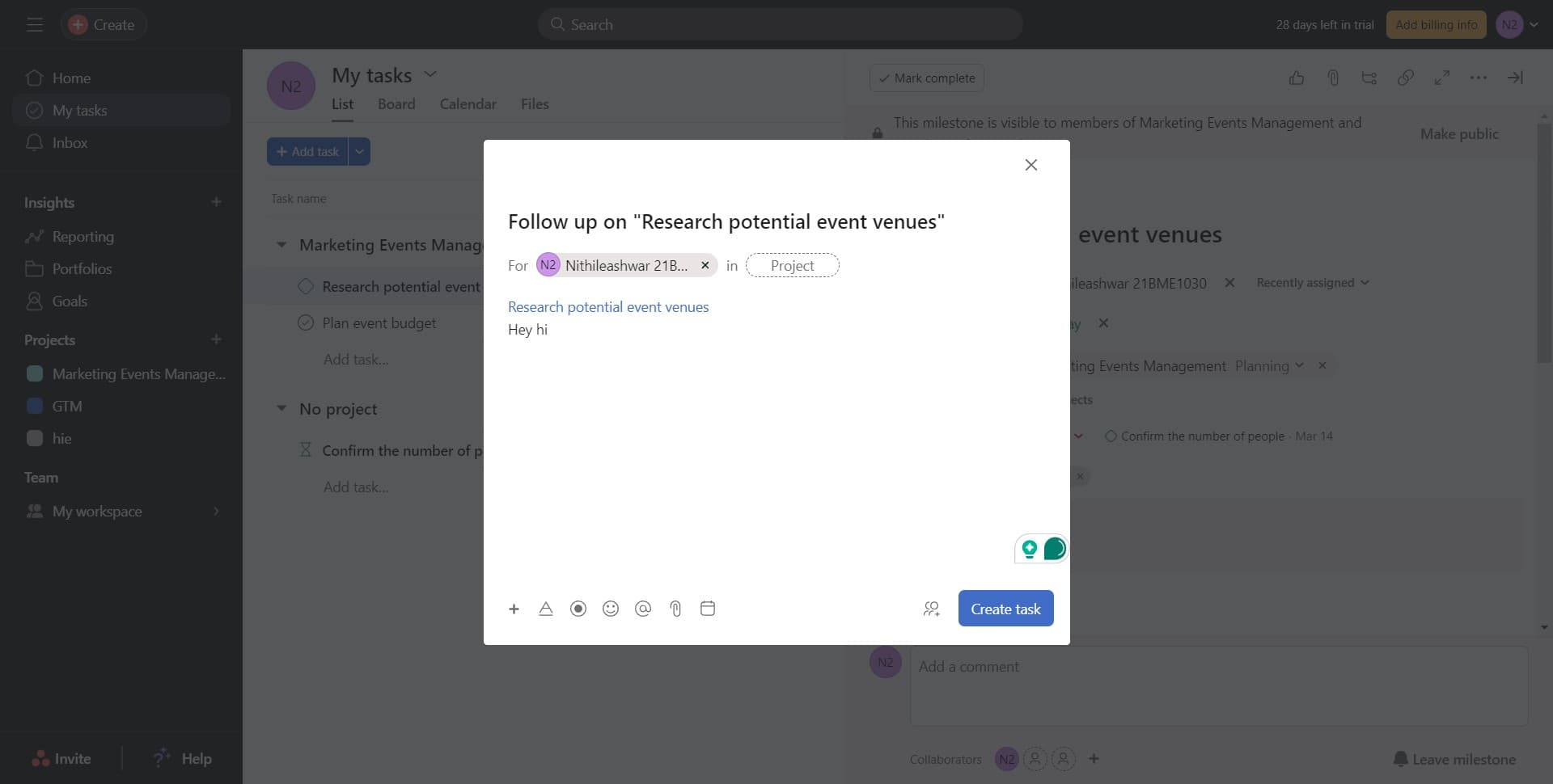 Confirm task creation