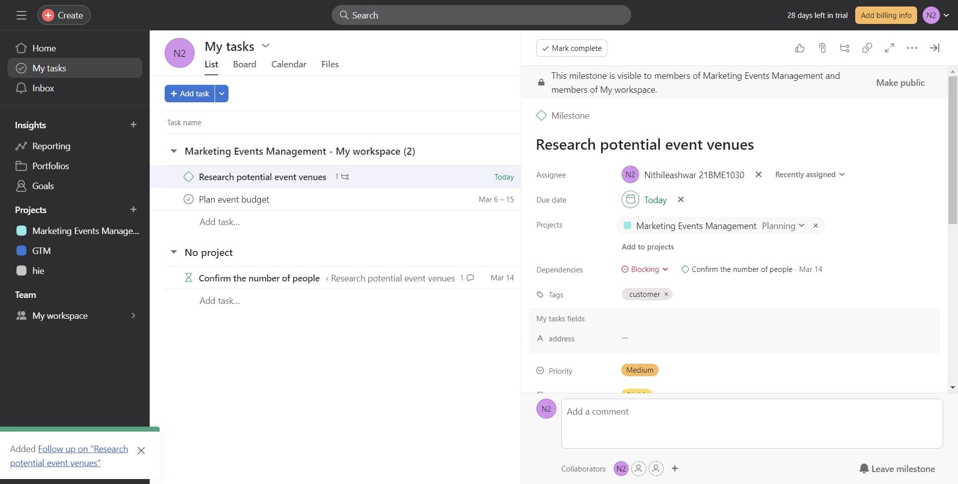 View the linked follow-up task