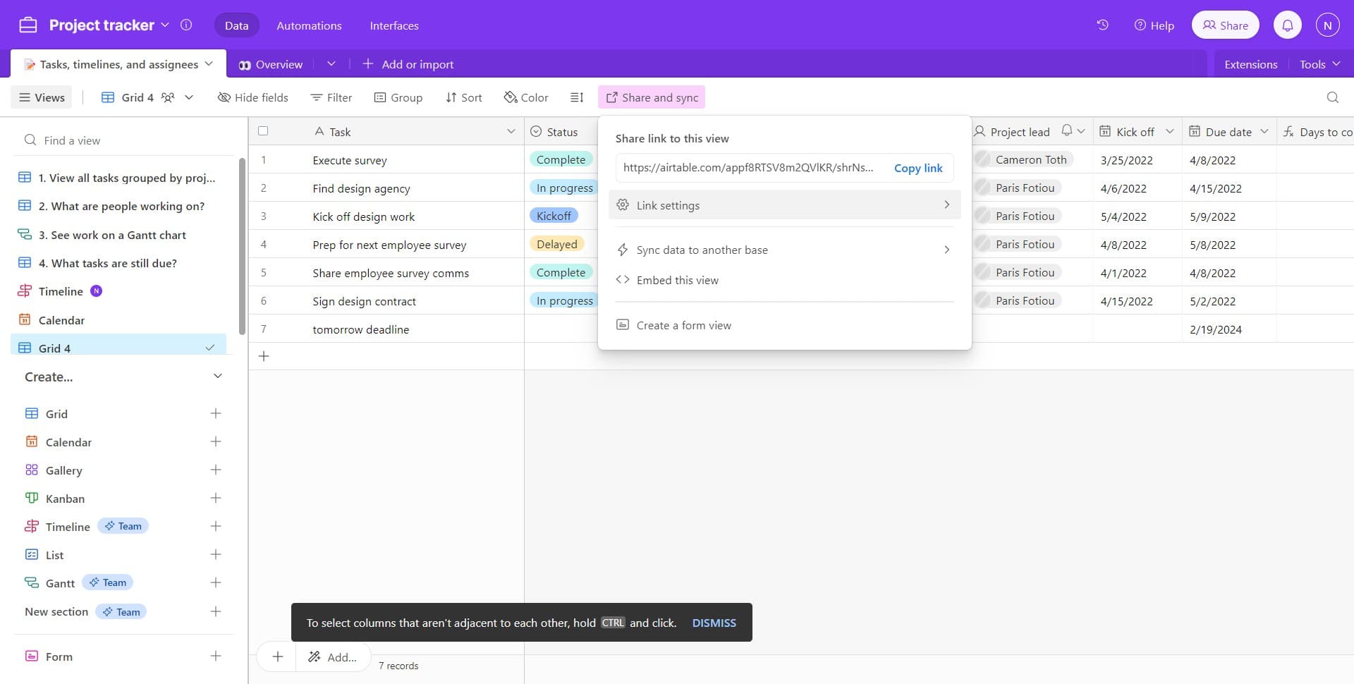 Access the link generation menu
